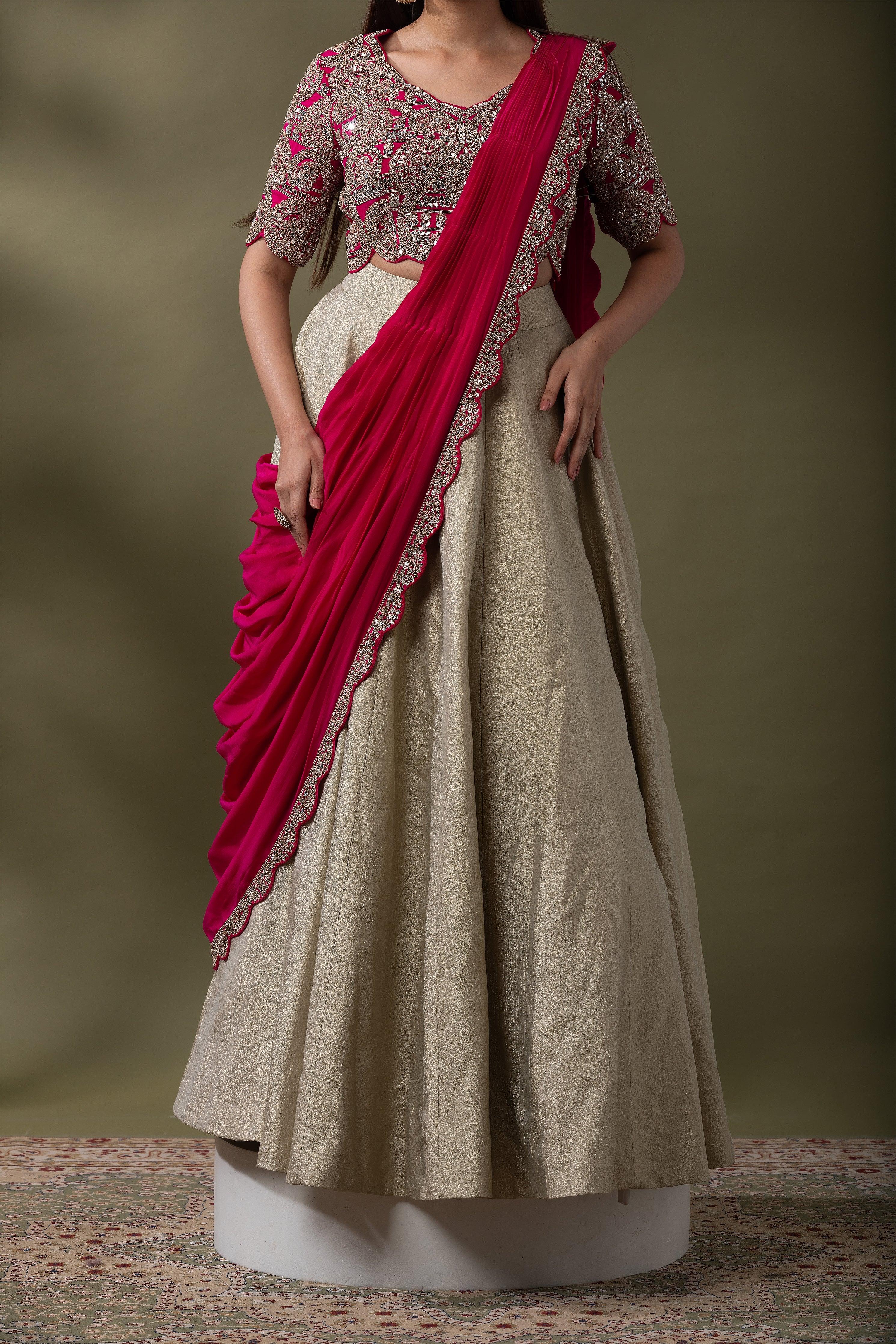 Beige and Fuchsia double drape Lehenga Set Mokshaa