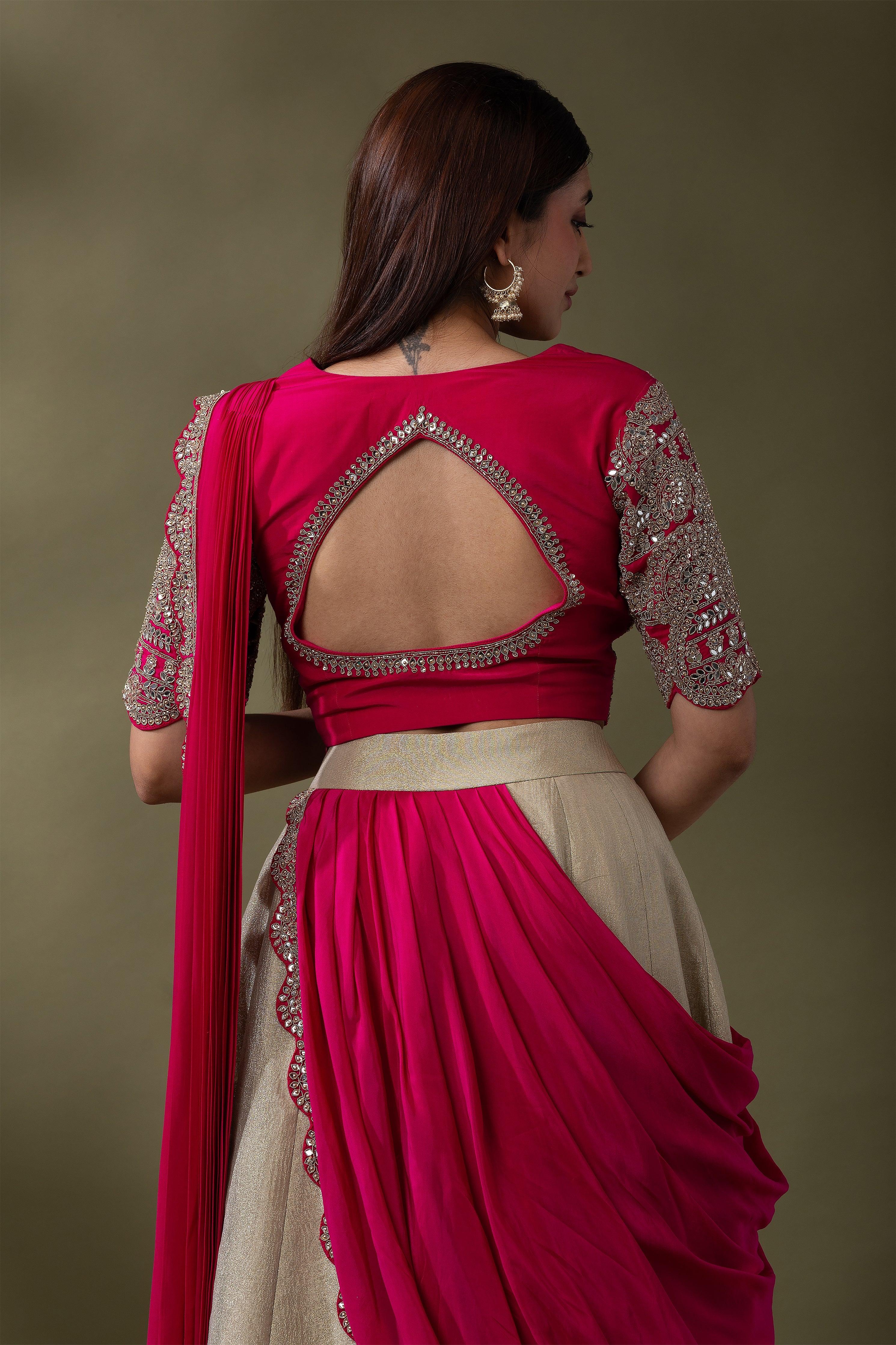Beige and Fuchsia double drape Lehenga Set Mokshaa
