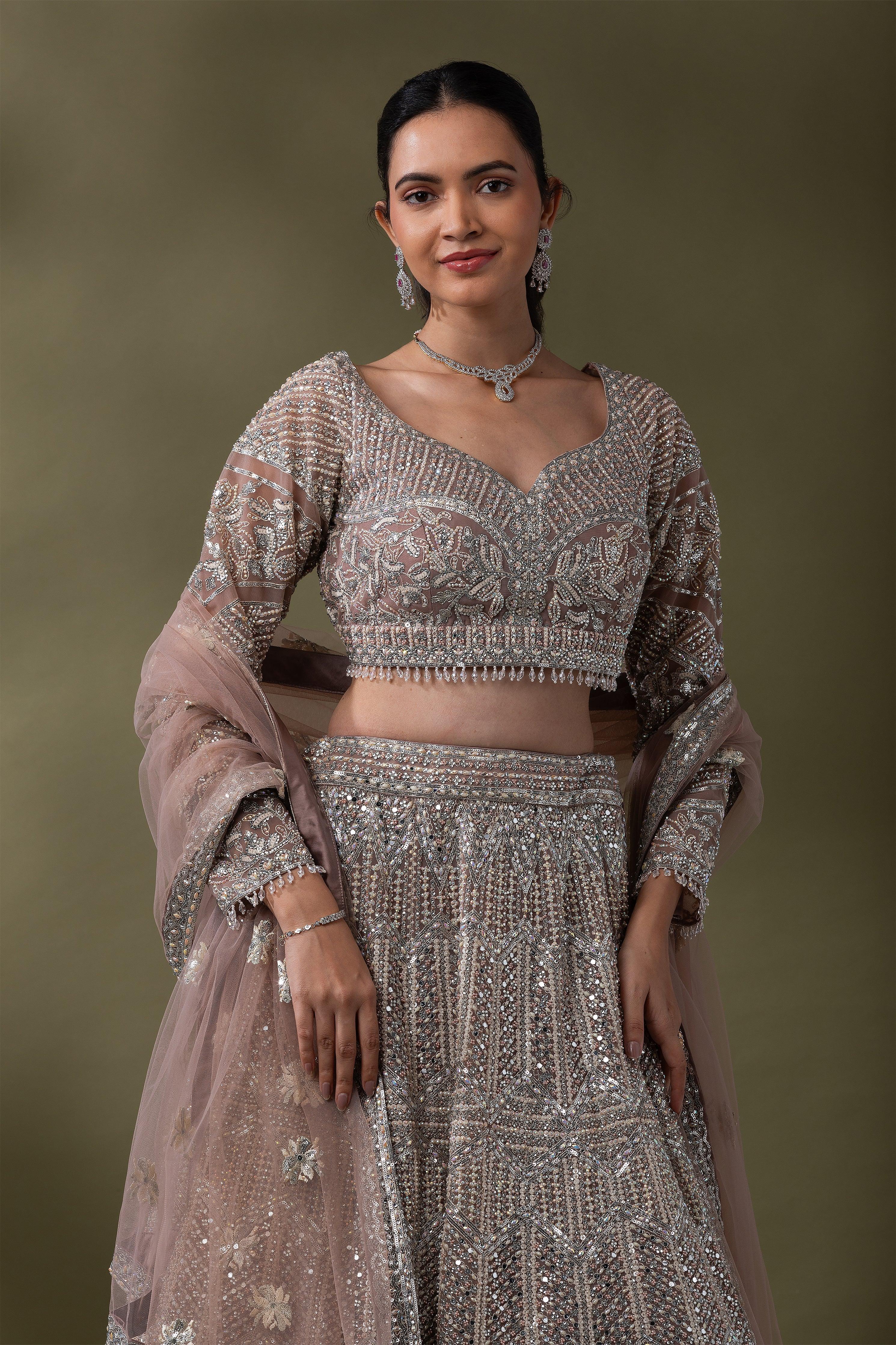 Dusty Rose Sequined Embroidered Lehenga Set Mokshaa