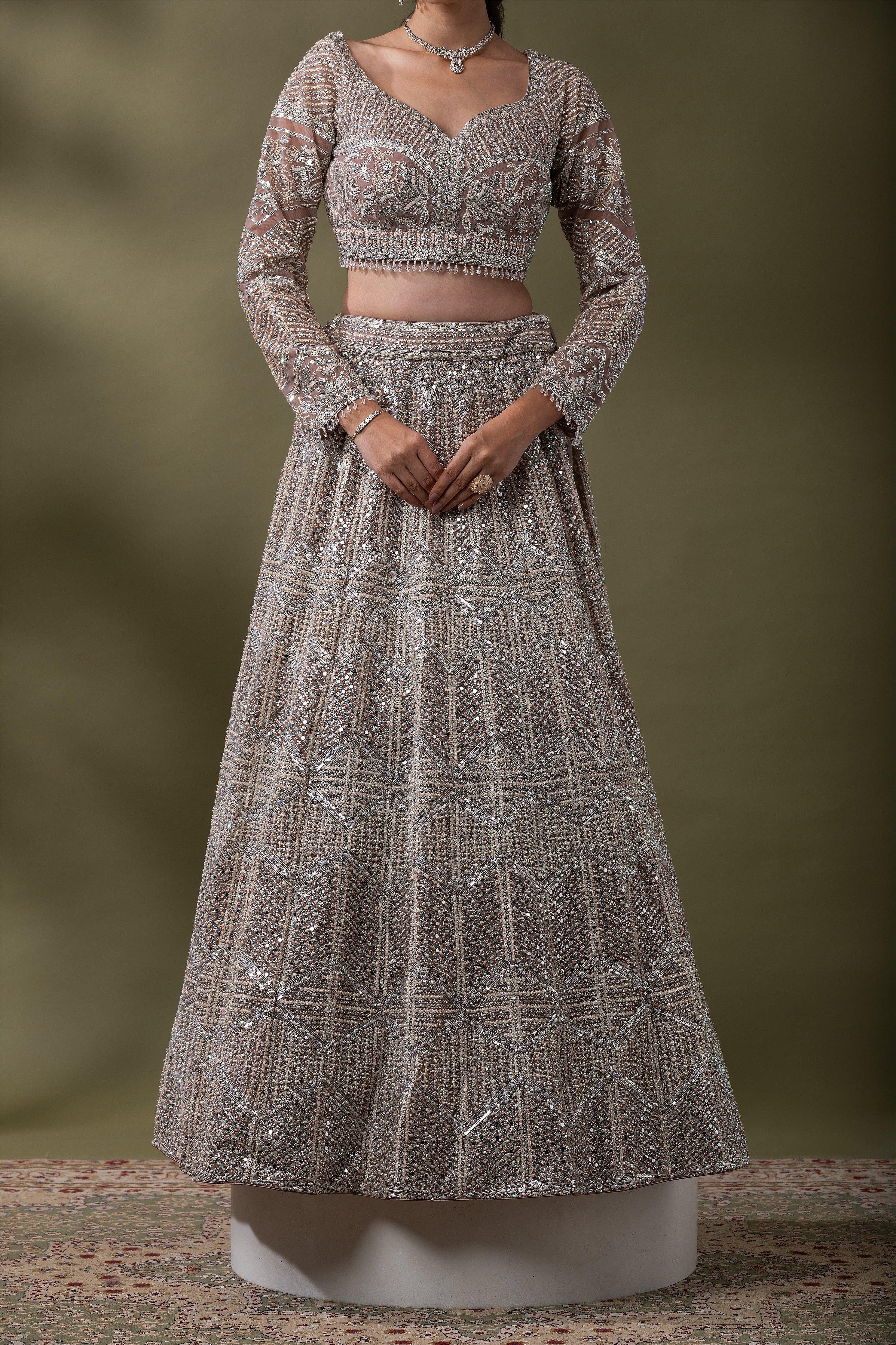 Dusty Rose Sequined Embroidered Lehenga Set Mokshaa