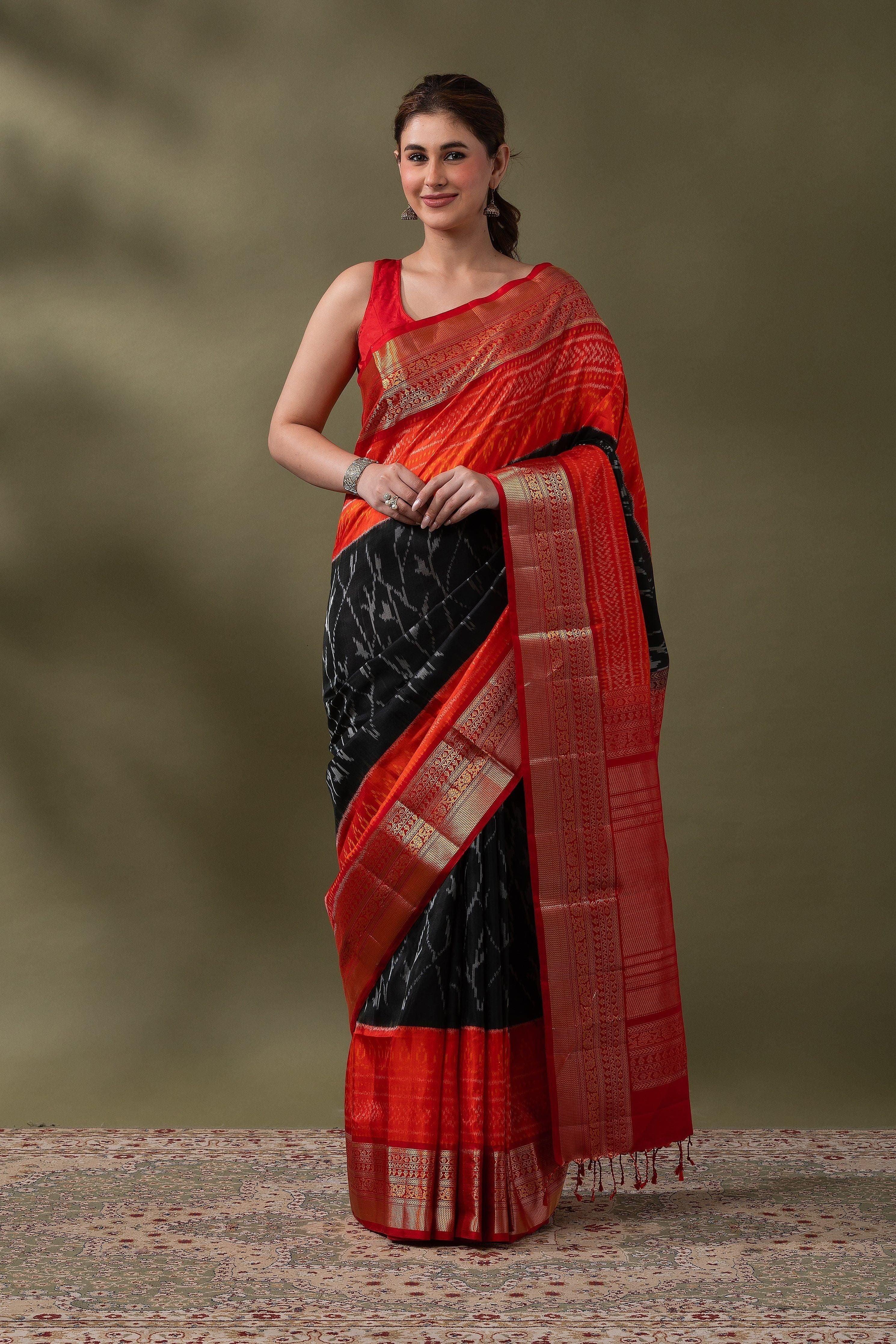 Grey & Red Ikat Soft Silk Saree (Copy) Mokshaa