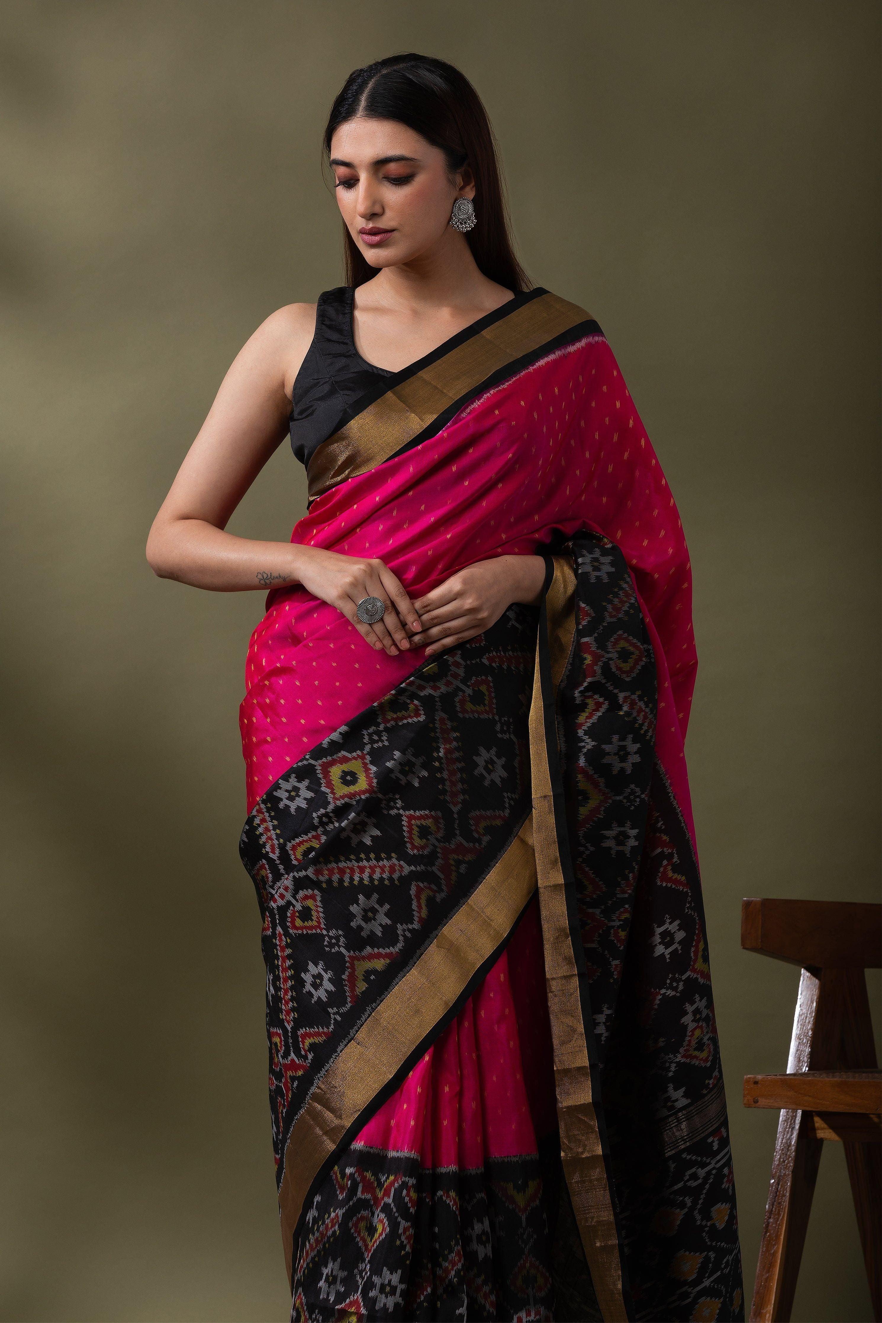 Rani Pink Ikat Soft Silk Saree - Mokshaa