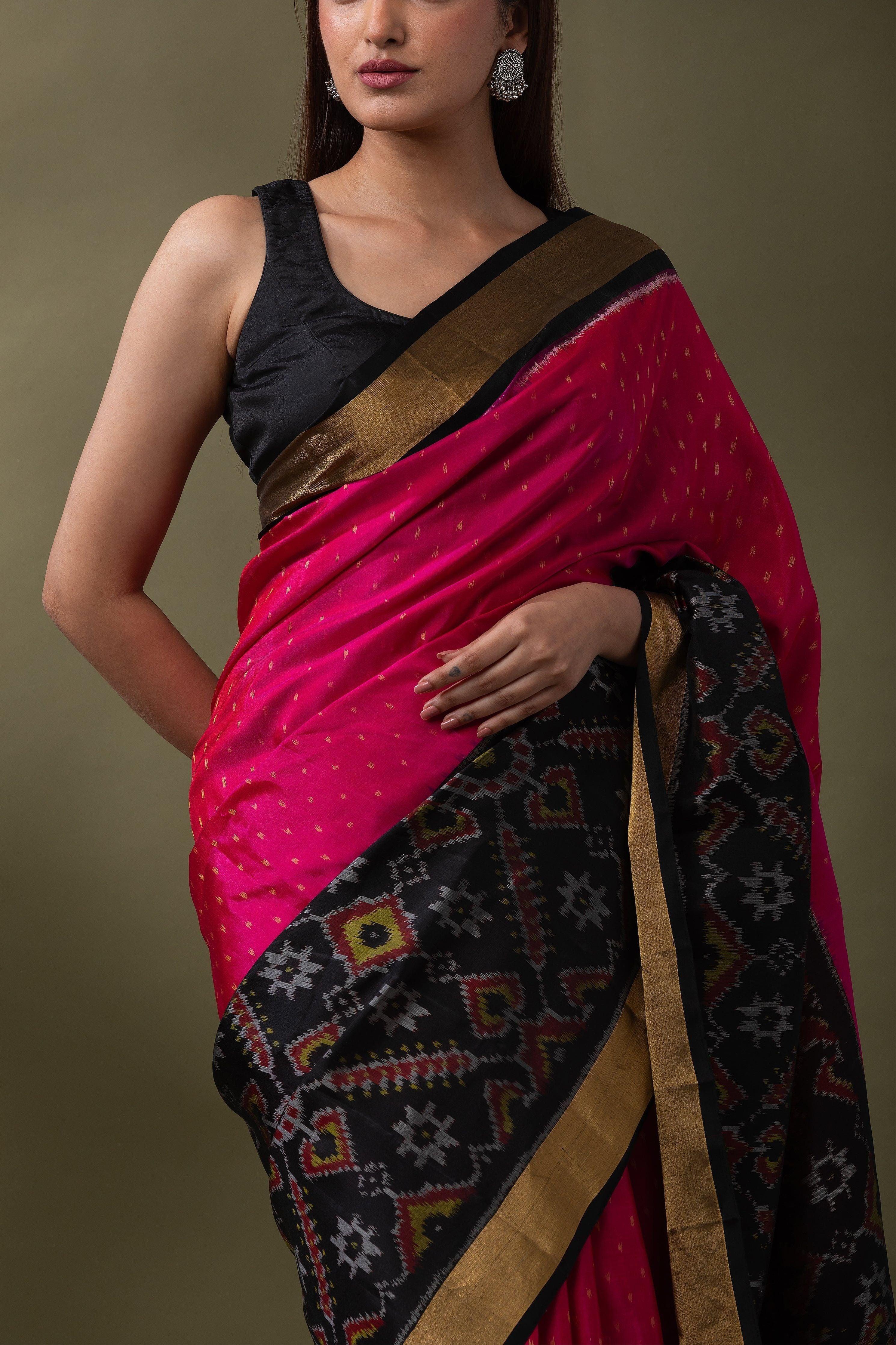 Rani Pink Ikat Soft Silk Saree - Mokshaa