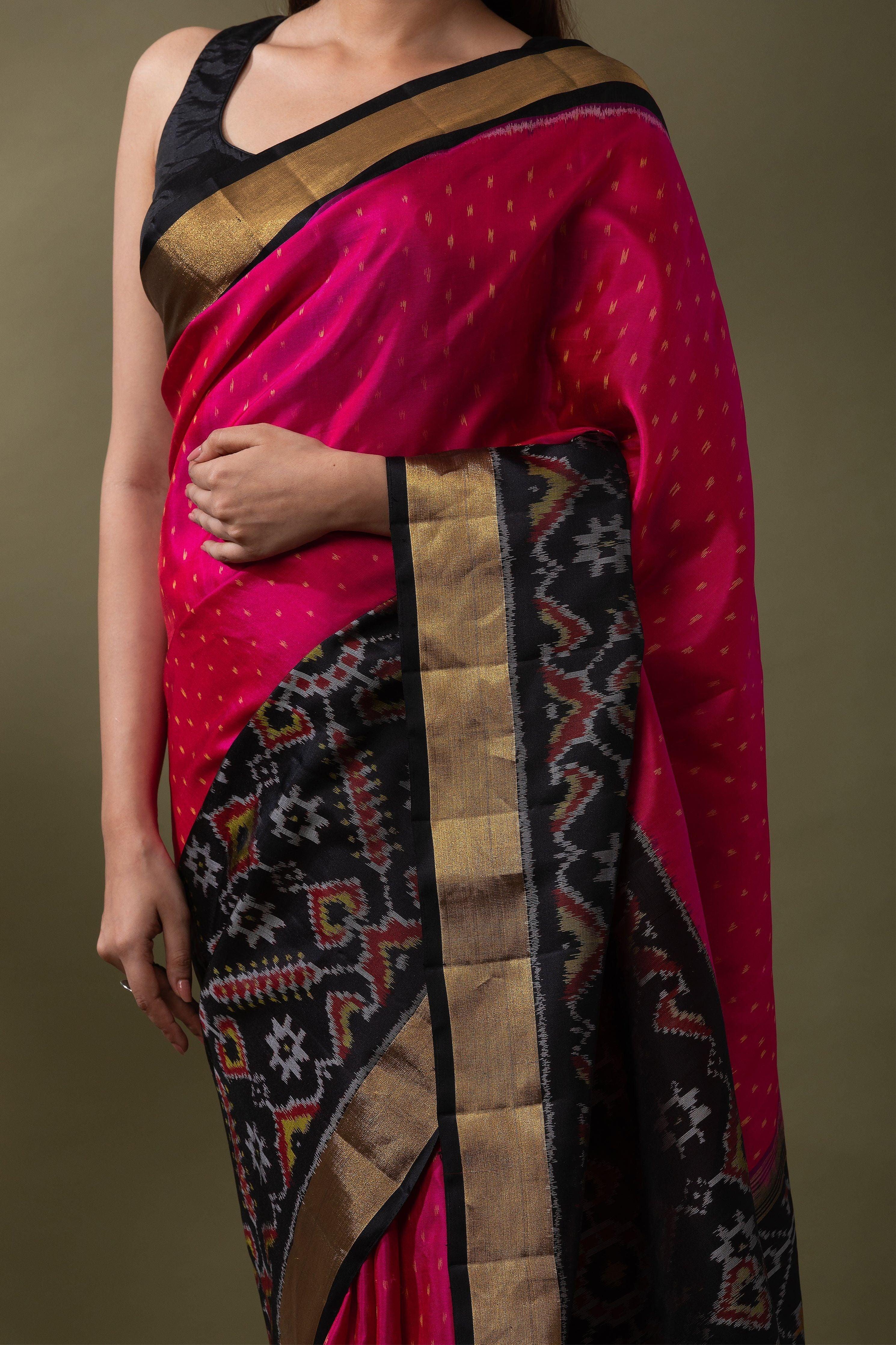 Rani Pink Ikat Soft Silk Saree - Mokshaa