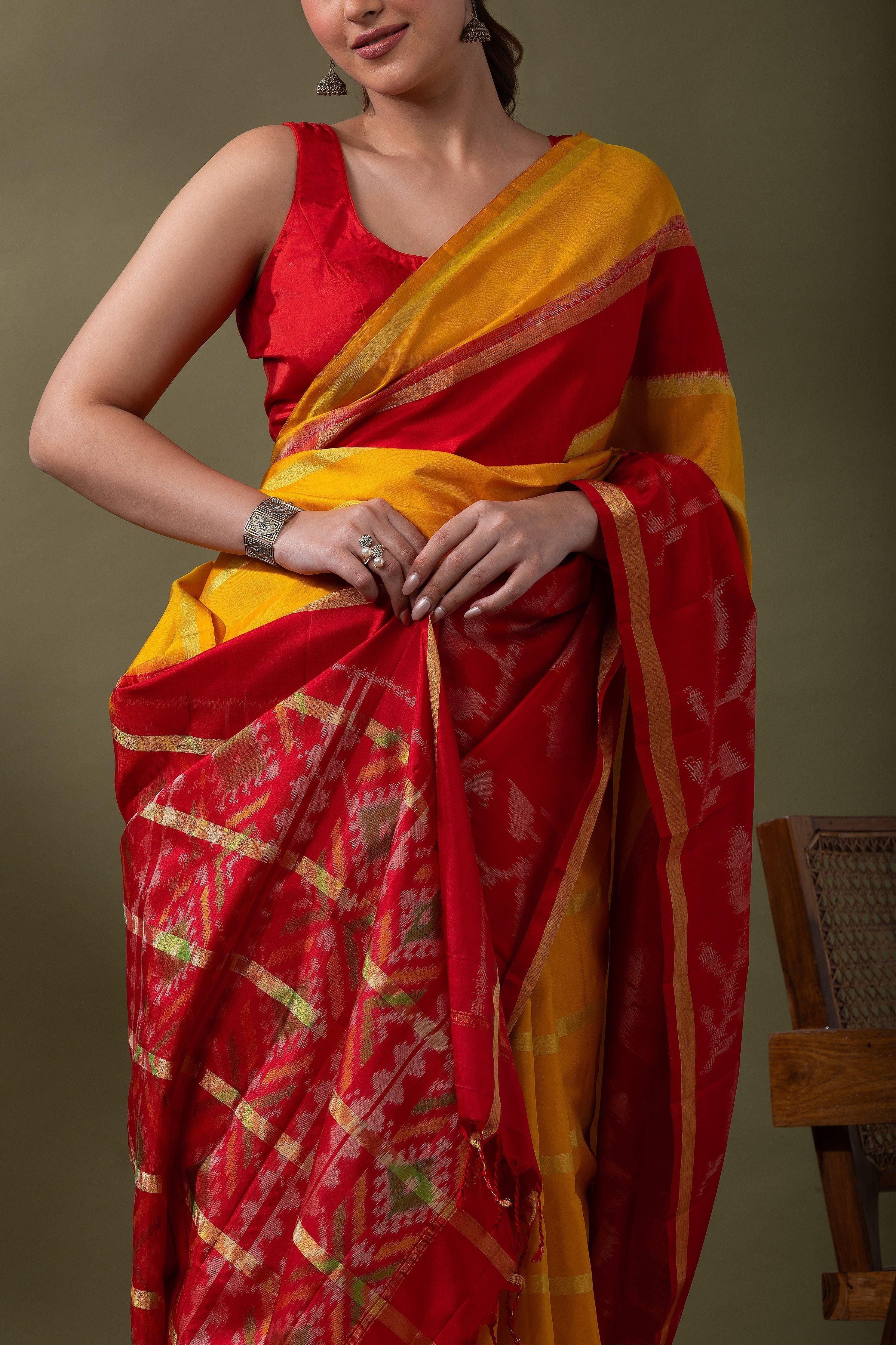 Vibrant Yellow & Red Ikat Silk Saree - Mokshaa