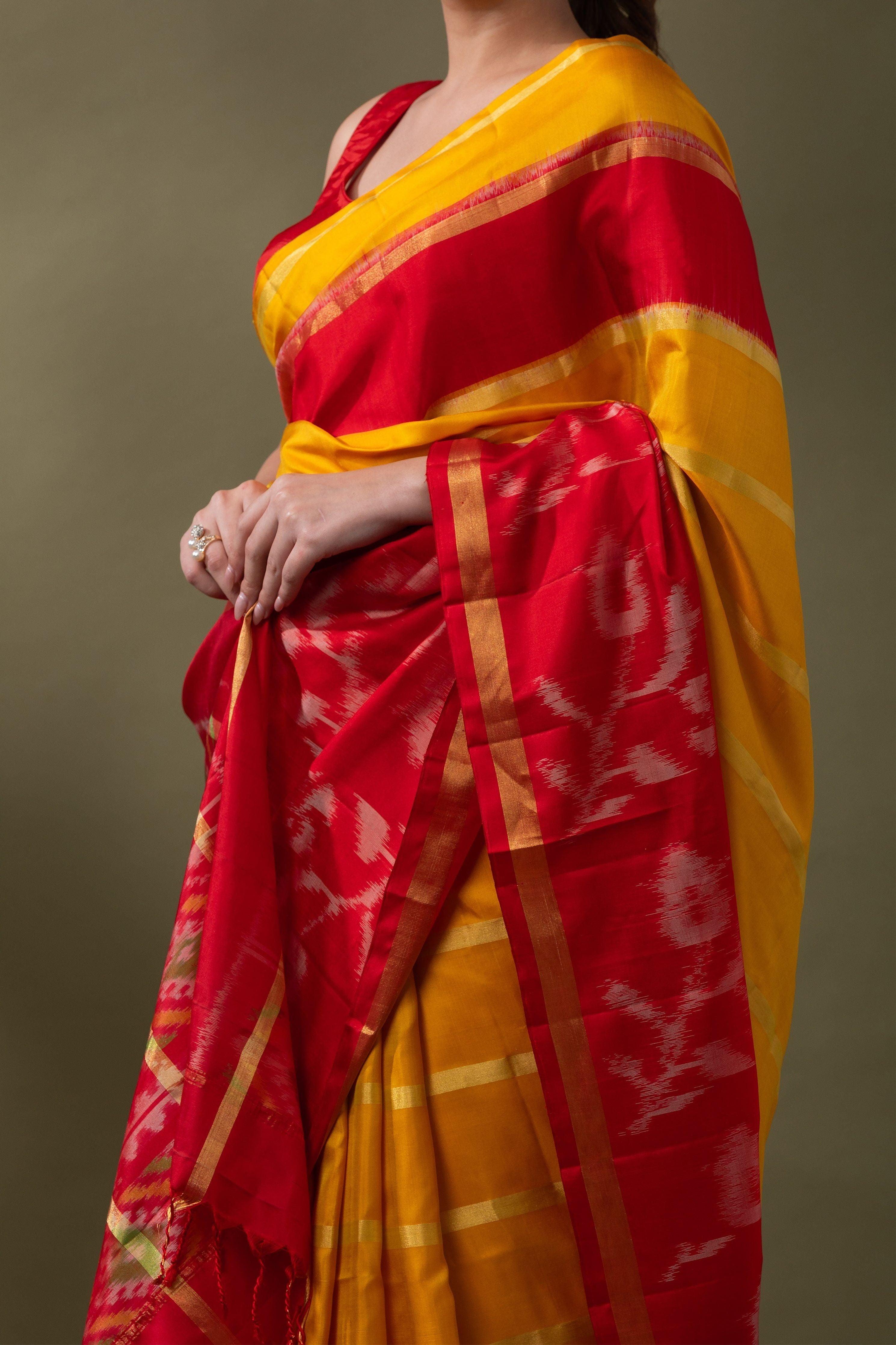 Vibrant Yellow & Red Ikat Silk Saree - Mokshaa