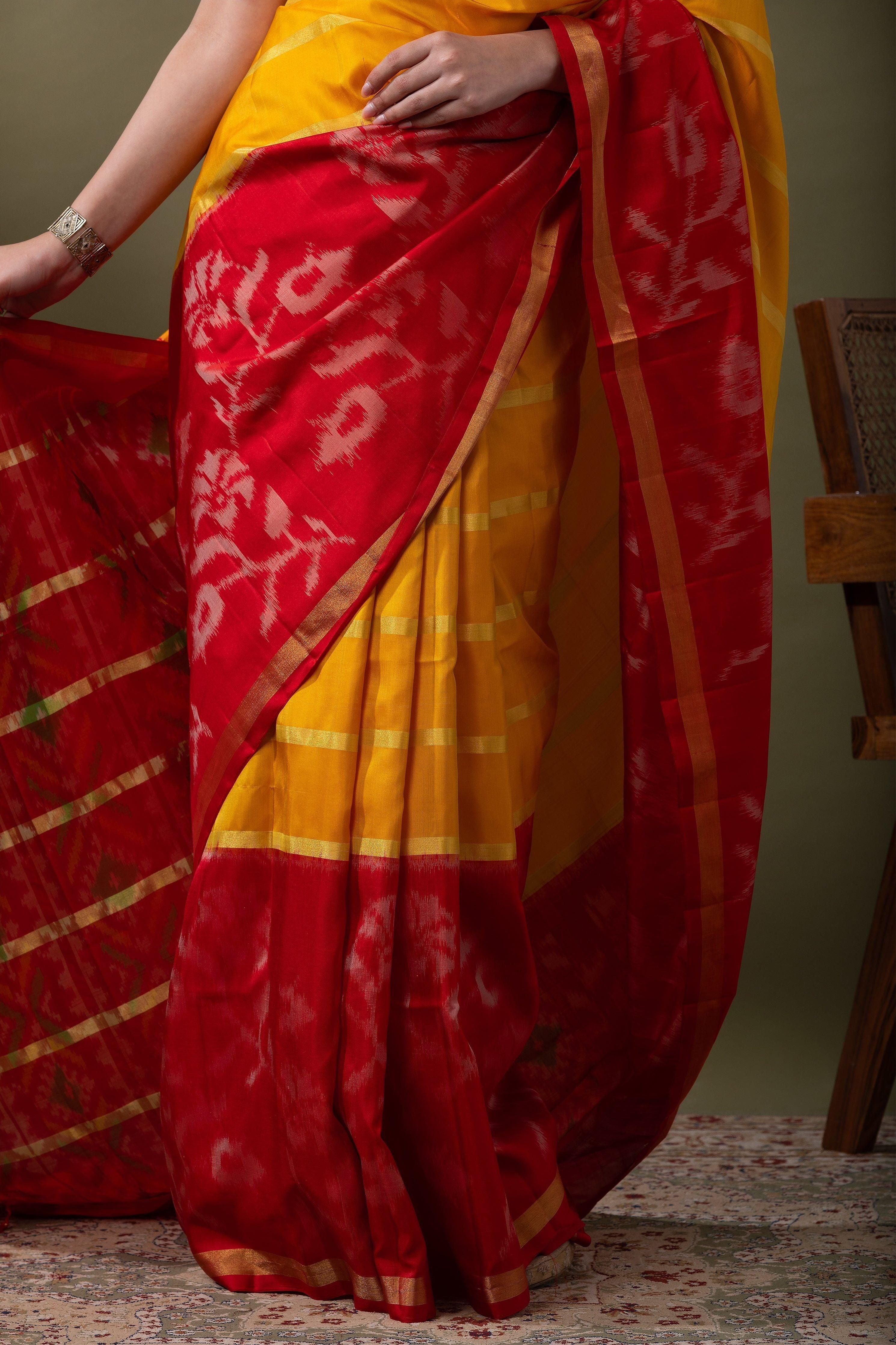 Vibrant Yellow & Red Ikat Silk Saree - Mokshaa