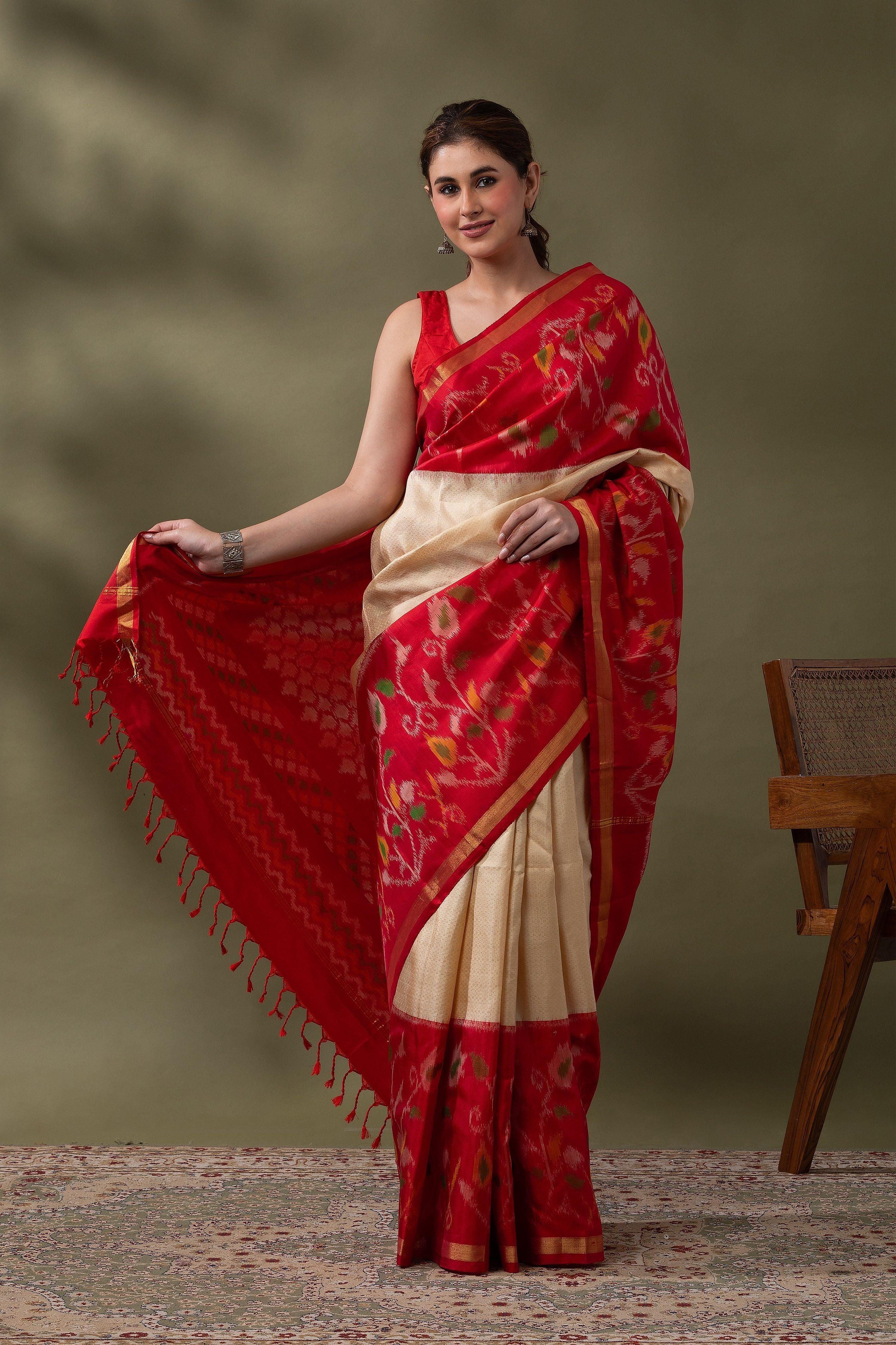 Red & Ivory Ikat Soft Silk Saree - Mokshaa