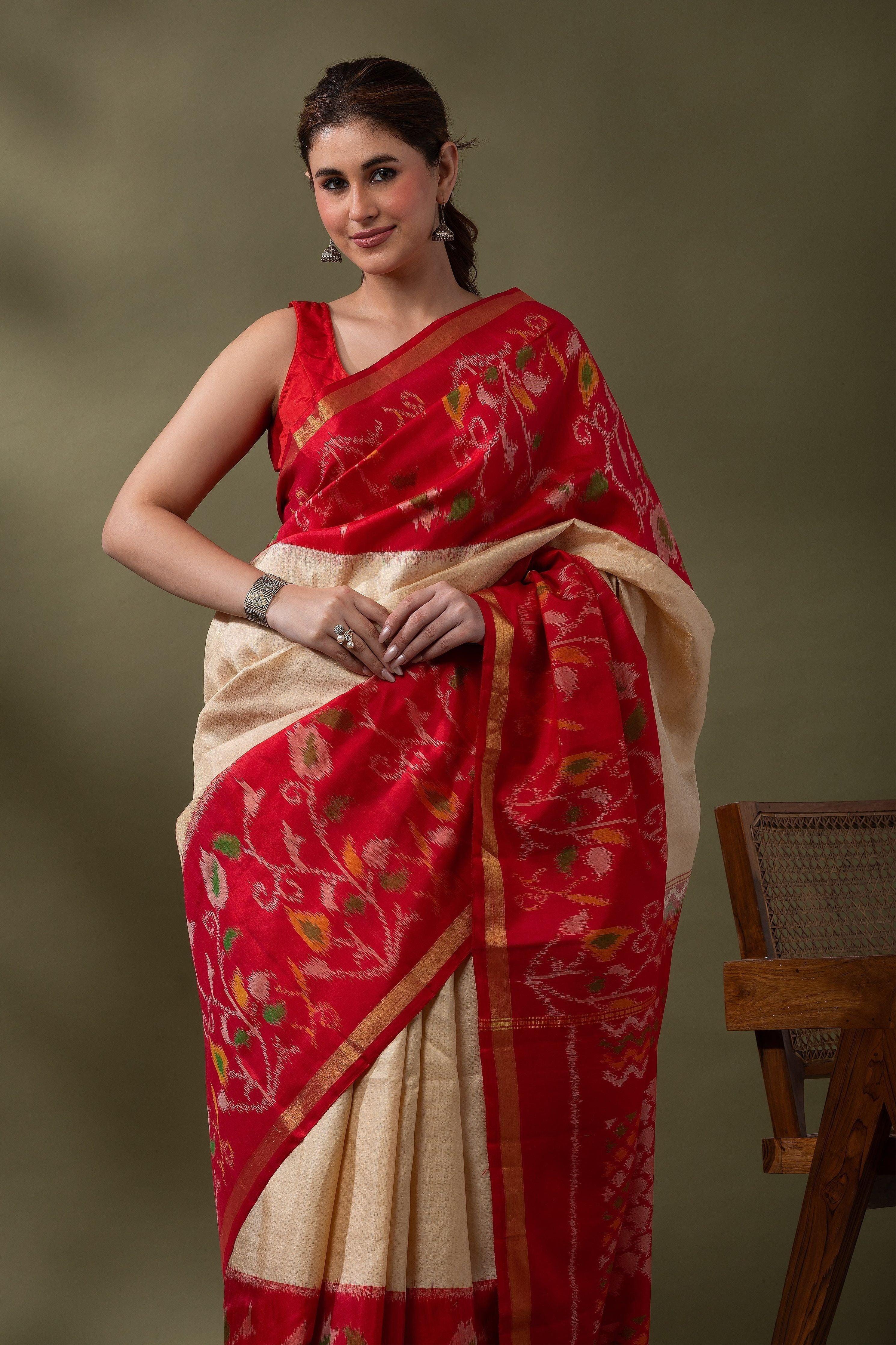 Red & Ivory Ikat Soft Silk Saree - Mokshaa