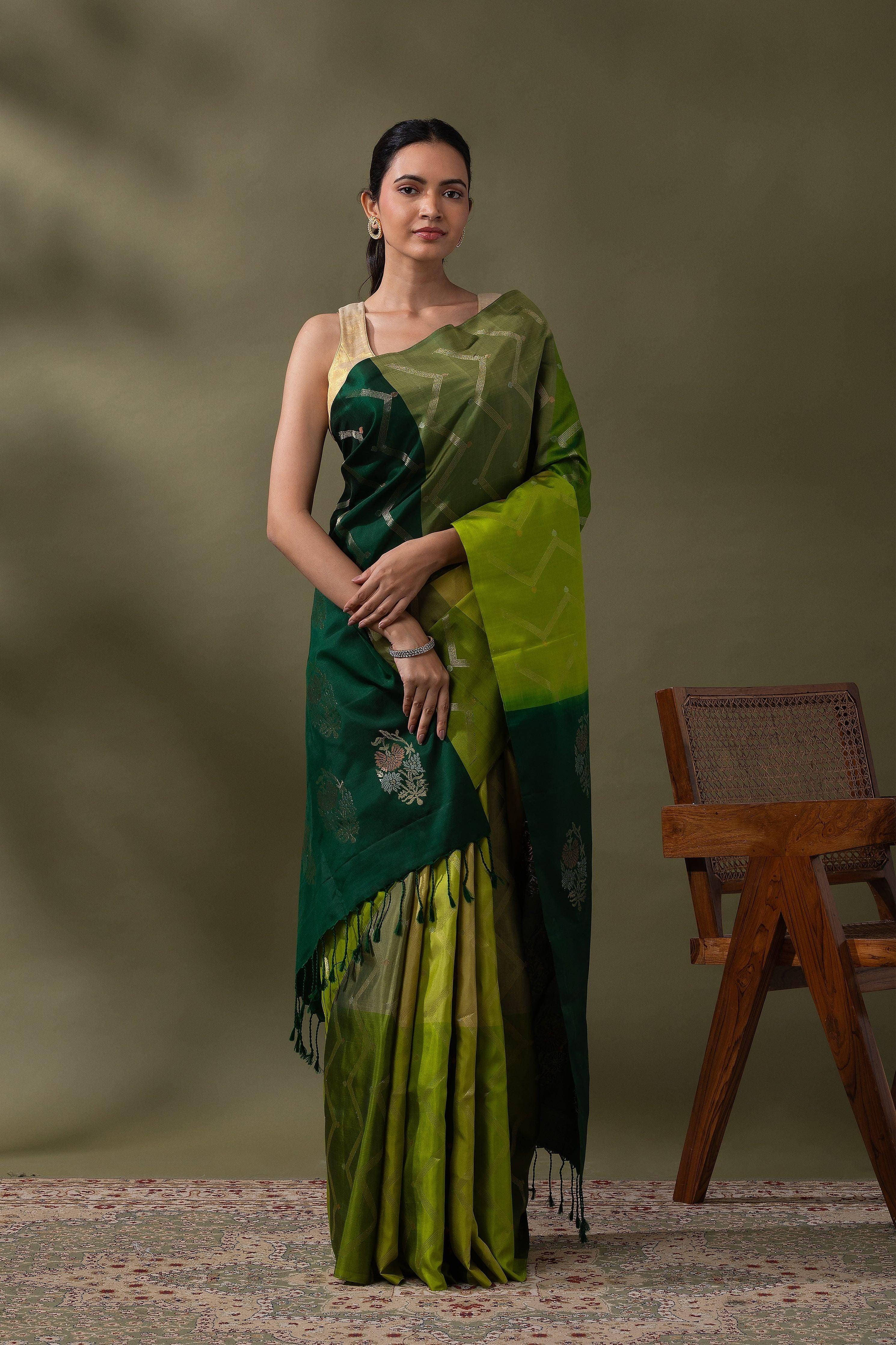 Shaded Green Soft Silk Saree - Mokshaa