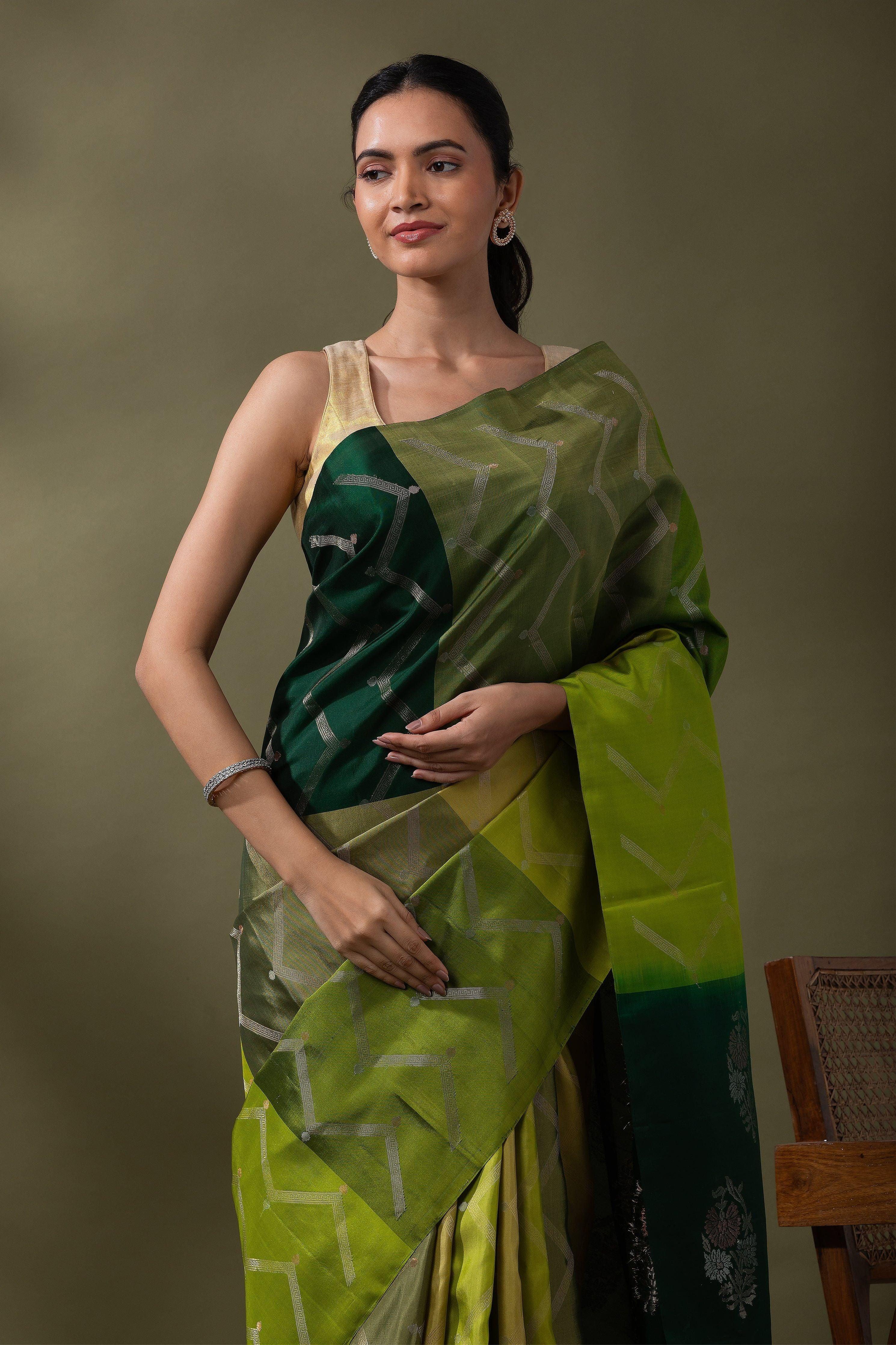 Shaded Green Soft Silk Saree - Mokshaa