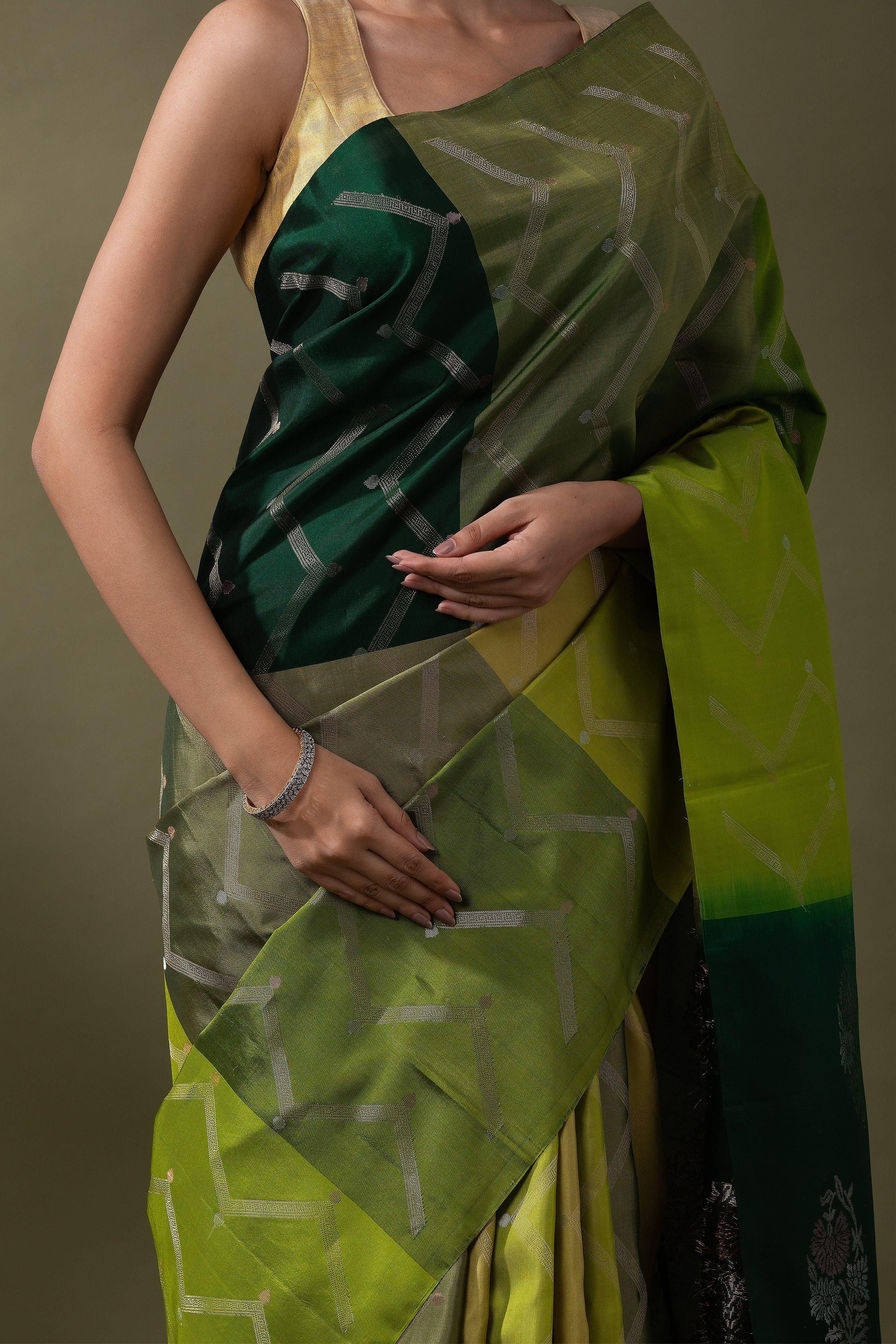 Shaded Green Soft Silk Saree - Mokshaa