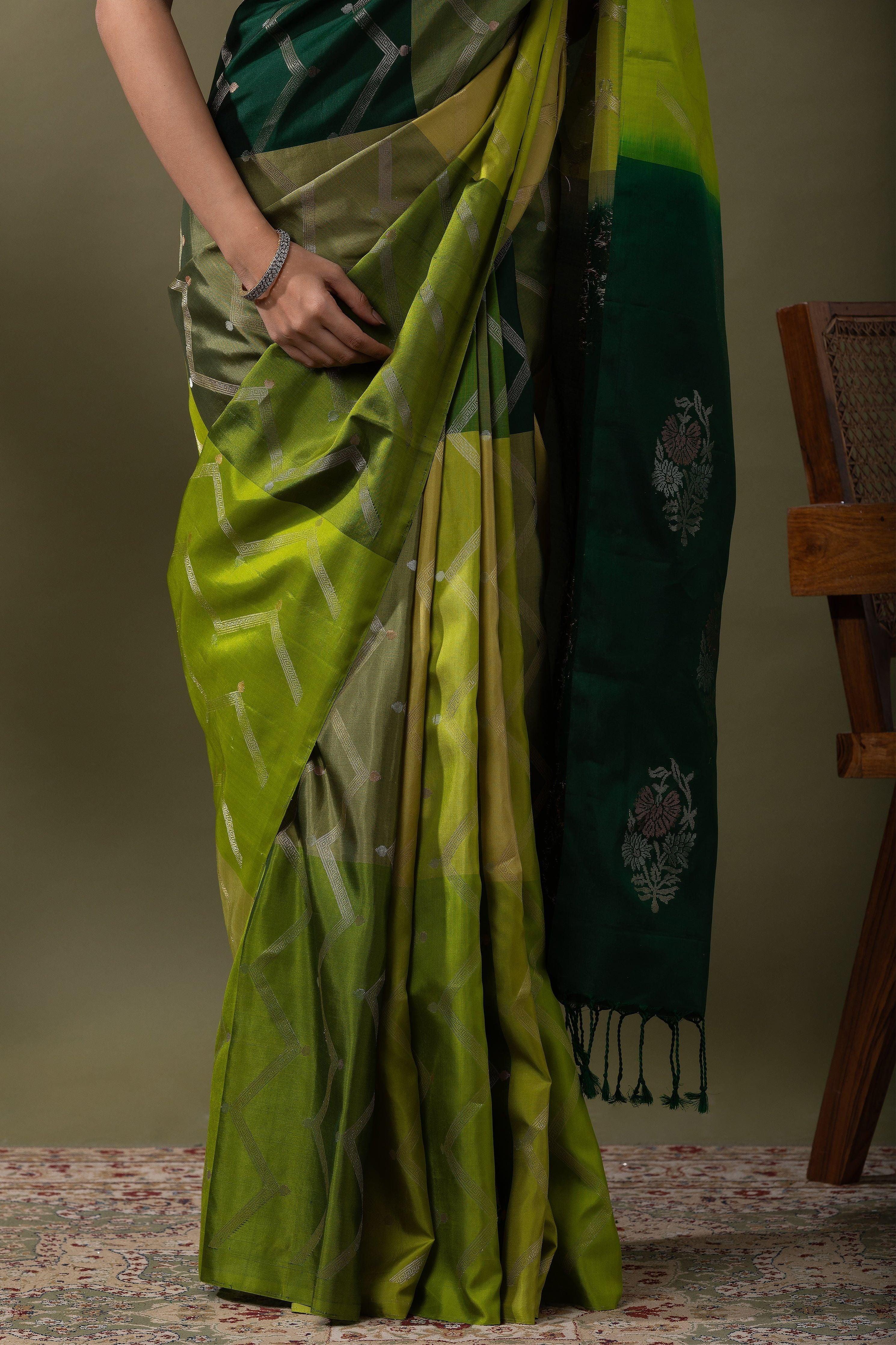 Shaded Green Soft Silk Saree - Mokshaa