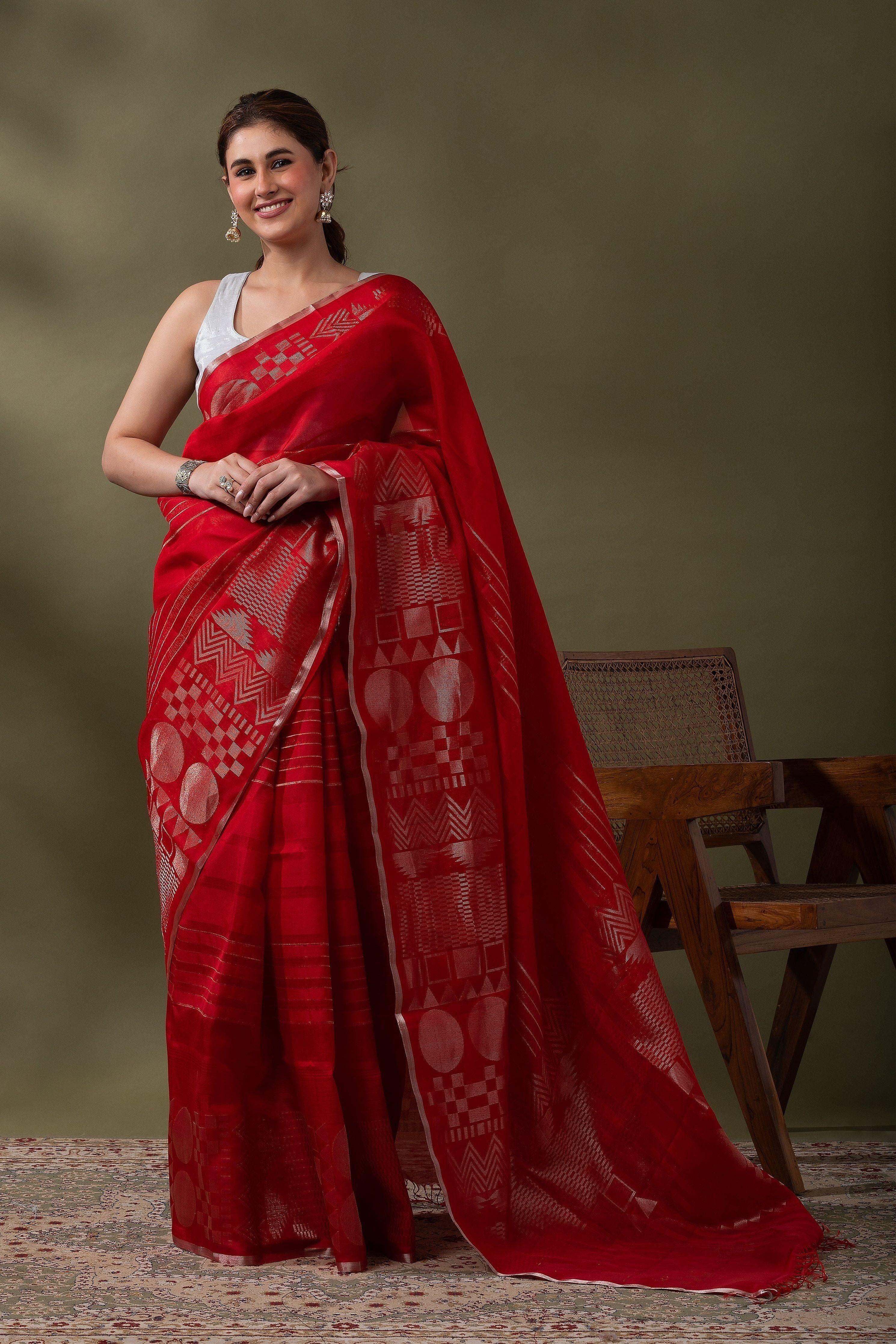 Bright Red Silk Kora Saree Mokshaa