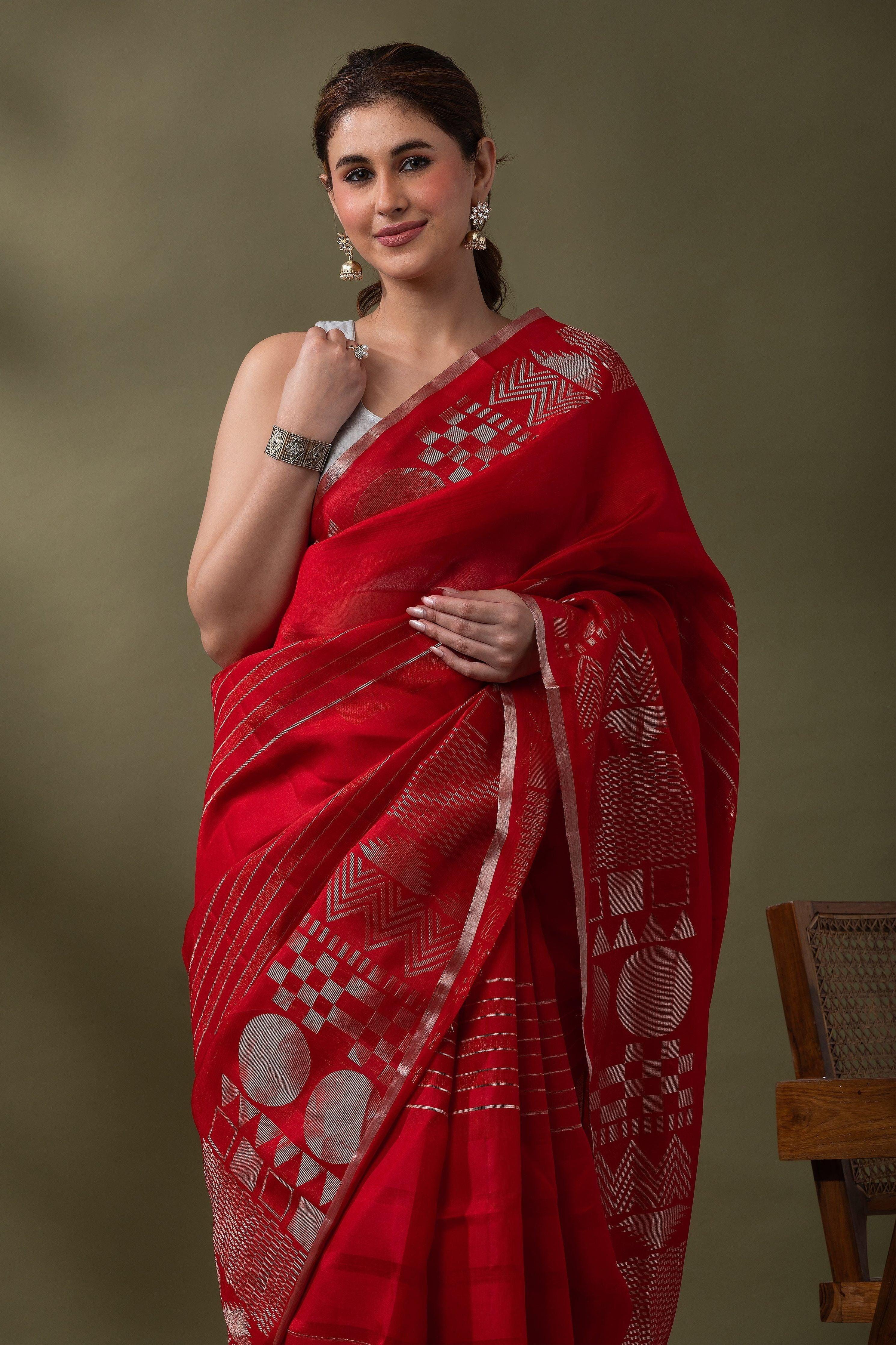 Bright Red Silk Kora Saree Mokshaa