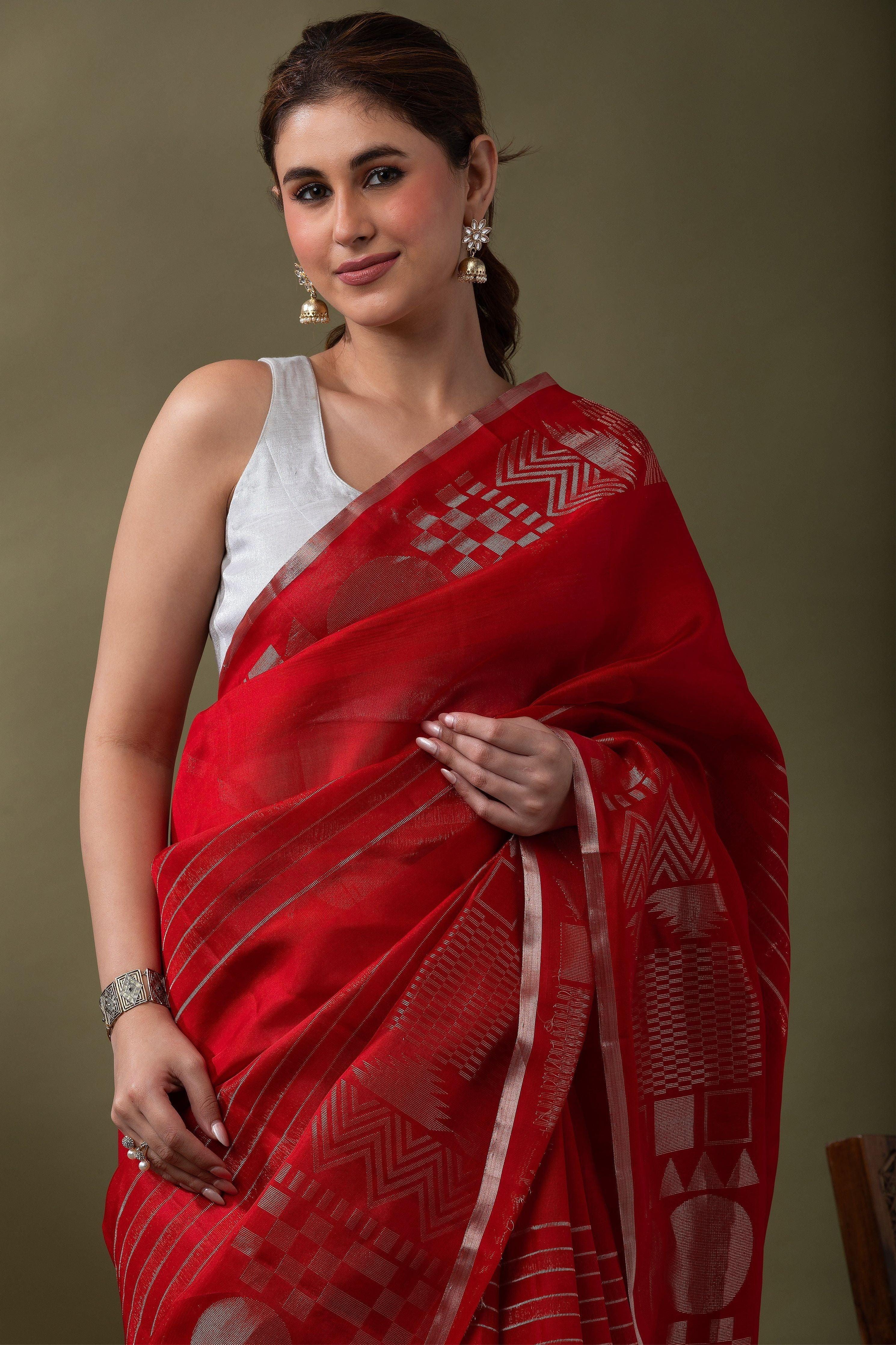Bright Red Silk Kora Saree Mokshaa