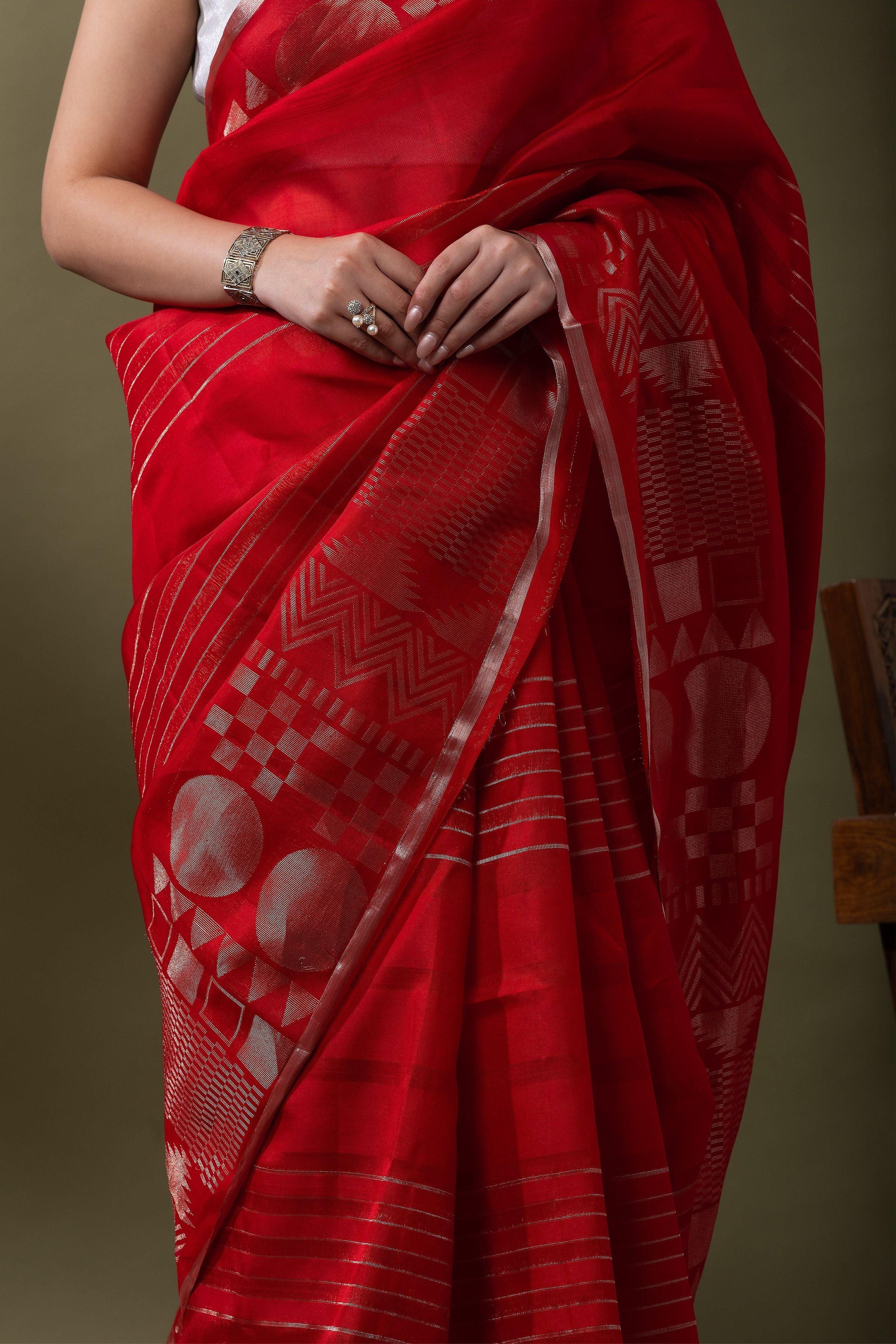 Bright Red Silk Kora Saree Mokshaa