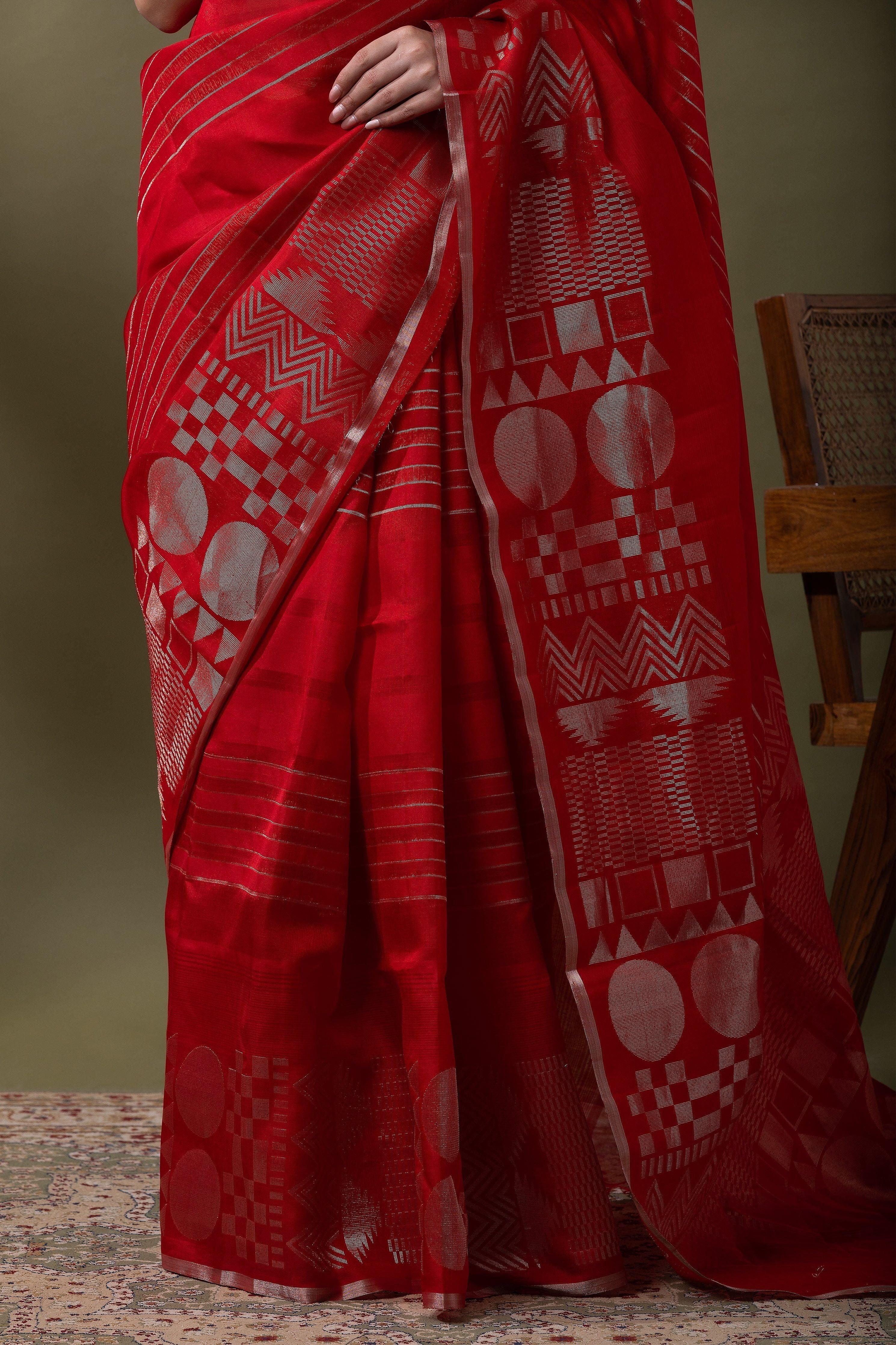 Bright Red Silk Kora Saree Mokshaa