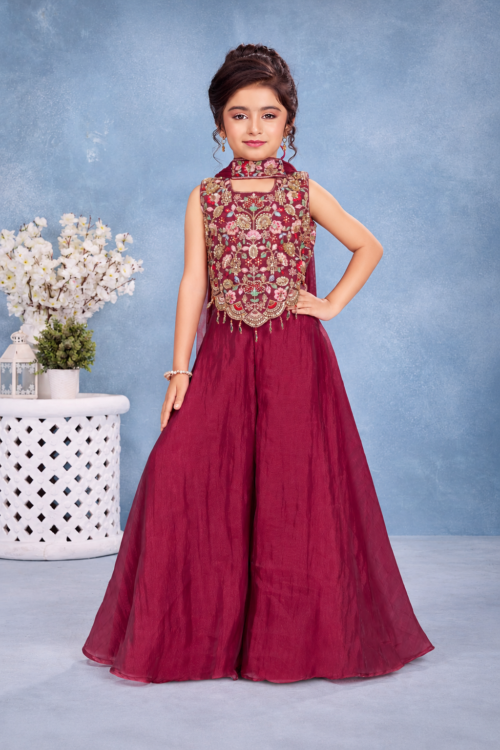 Cherry Maroon Embroidered Girls' Palazzo Set