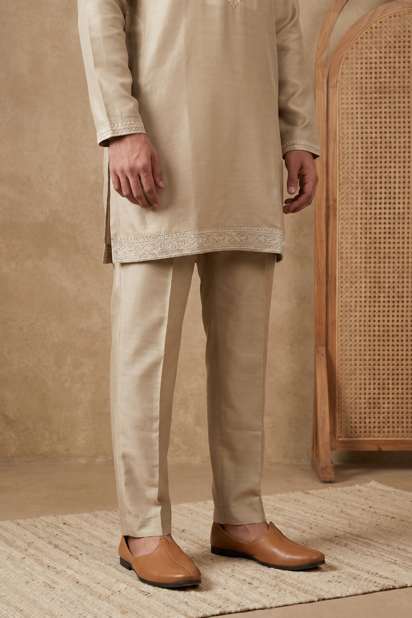 Light Gold Chanderi Silk Kurta Set with Thread Work