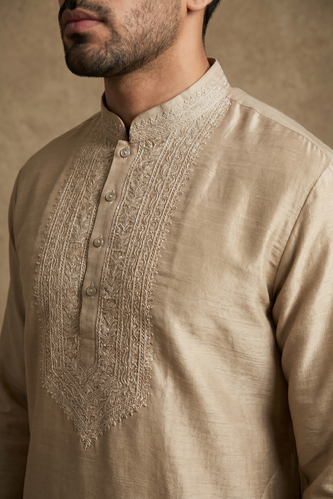 Light Gold Chanderi Silk Kurta Set with Thread Work