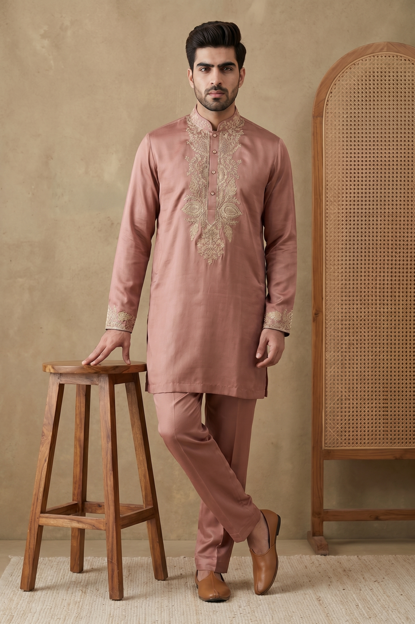 Onion Pink Nysa Silk Kurta Set with Zari, Cutdana and Sequin Work