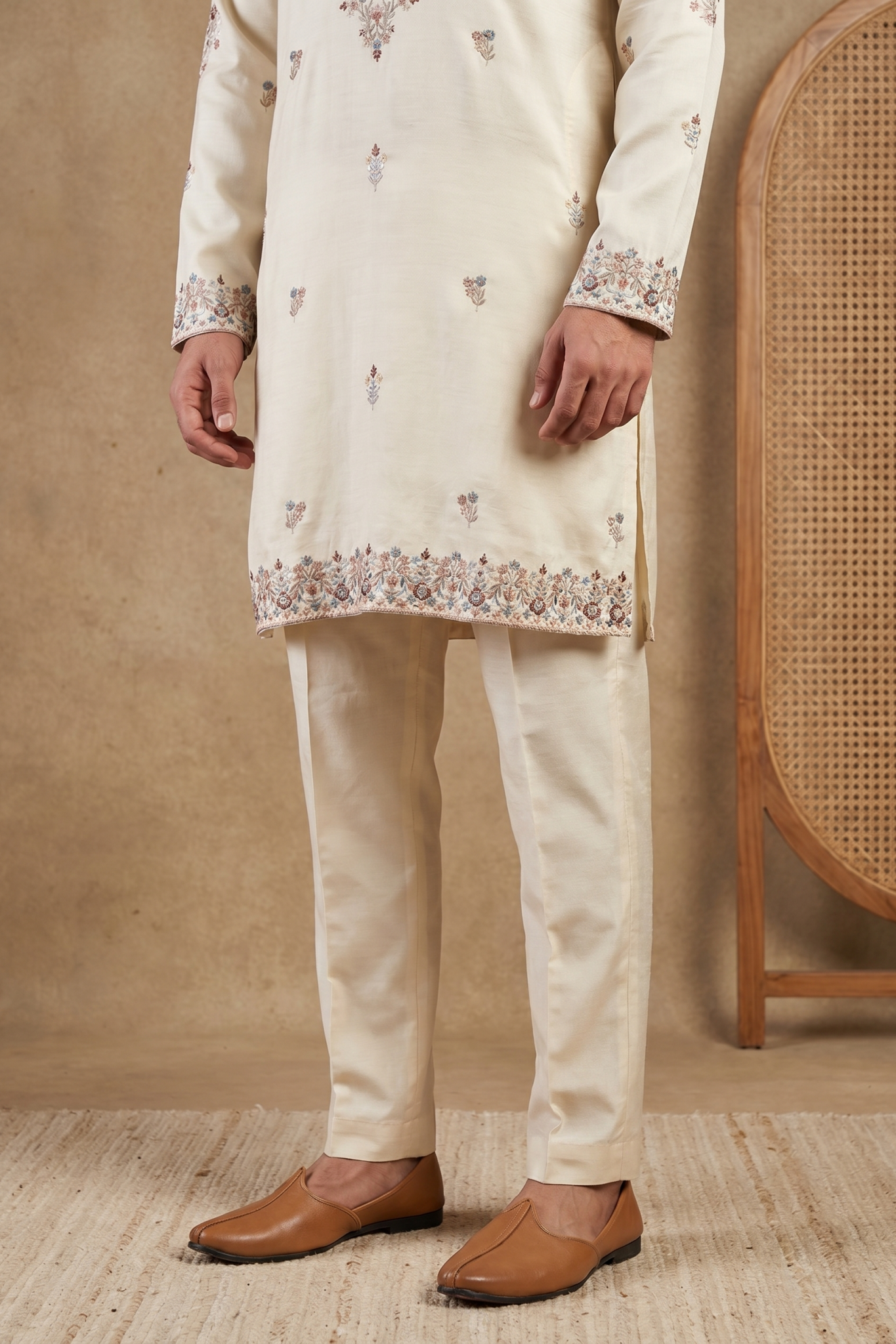 Cream Nysa Silk Kurta Set with Multicolour Thread Embroidery
