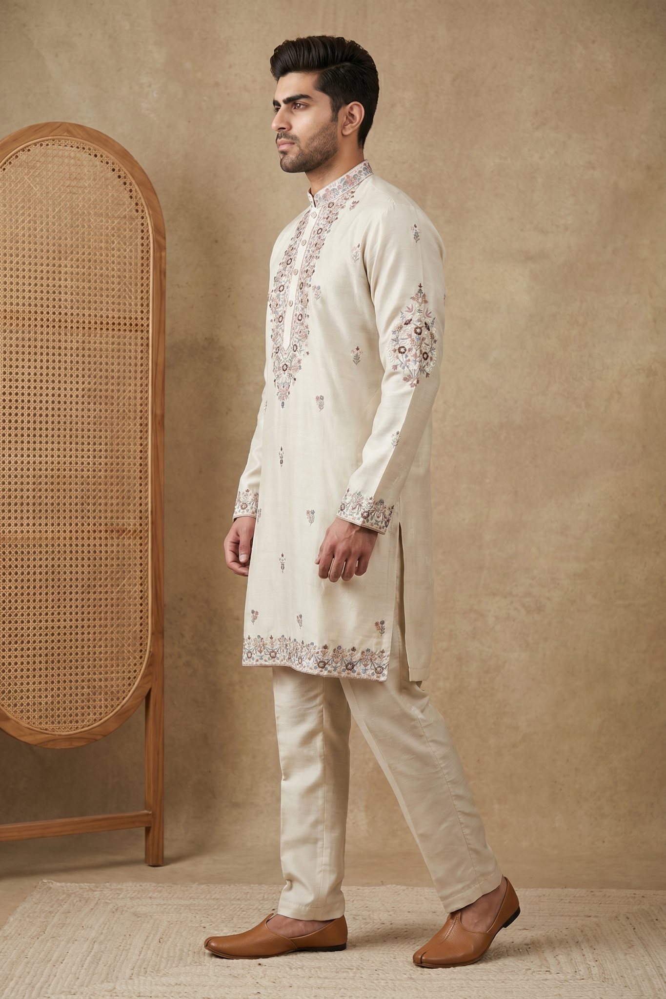 Cream Nysa Silk Kurta Set with Multicolour Thread Embroidery