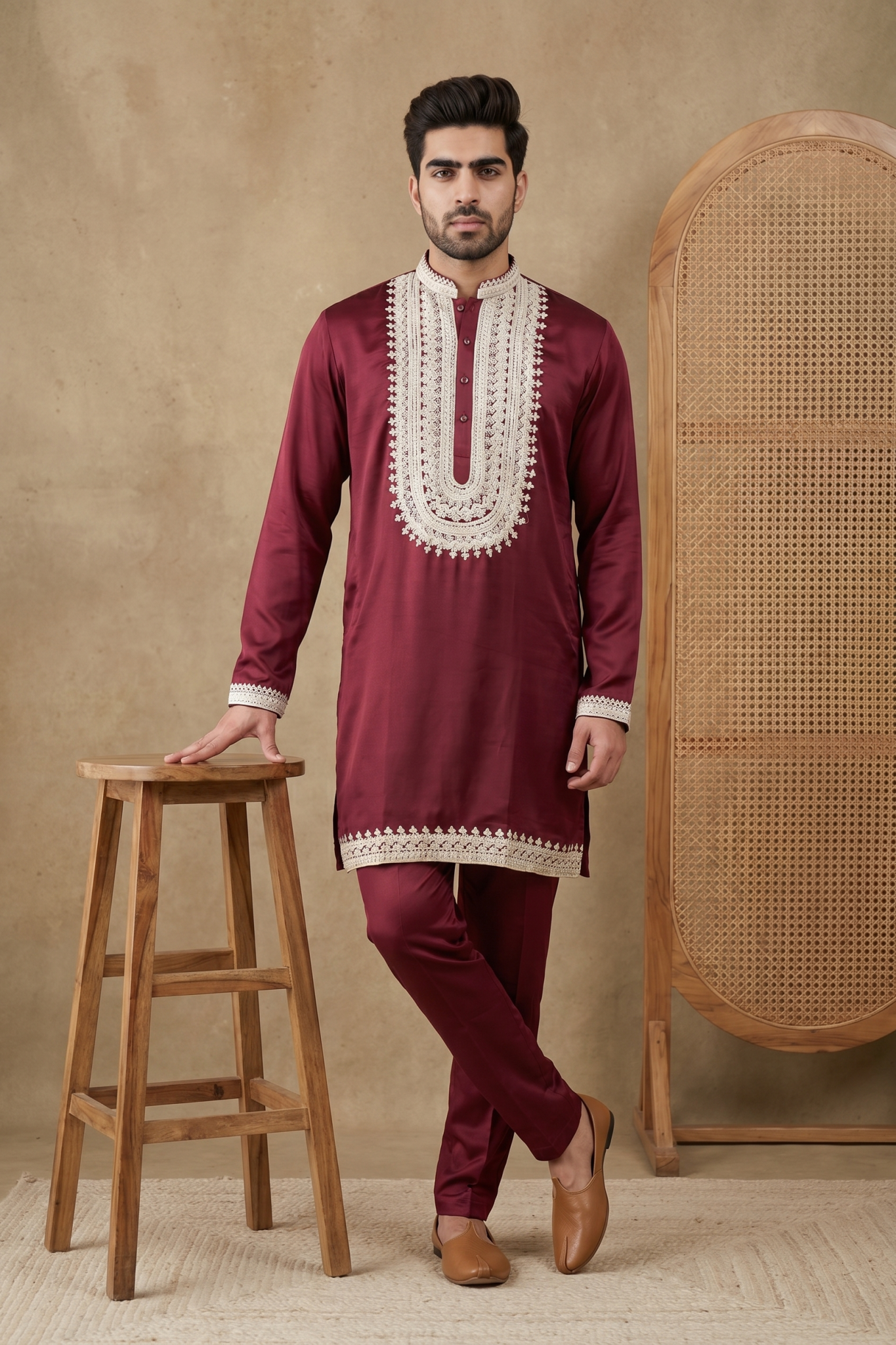 Wine Nysa Silk Kurta Set with Thread Work