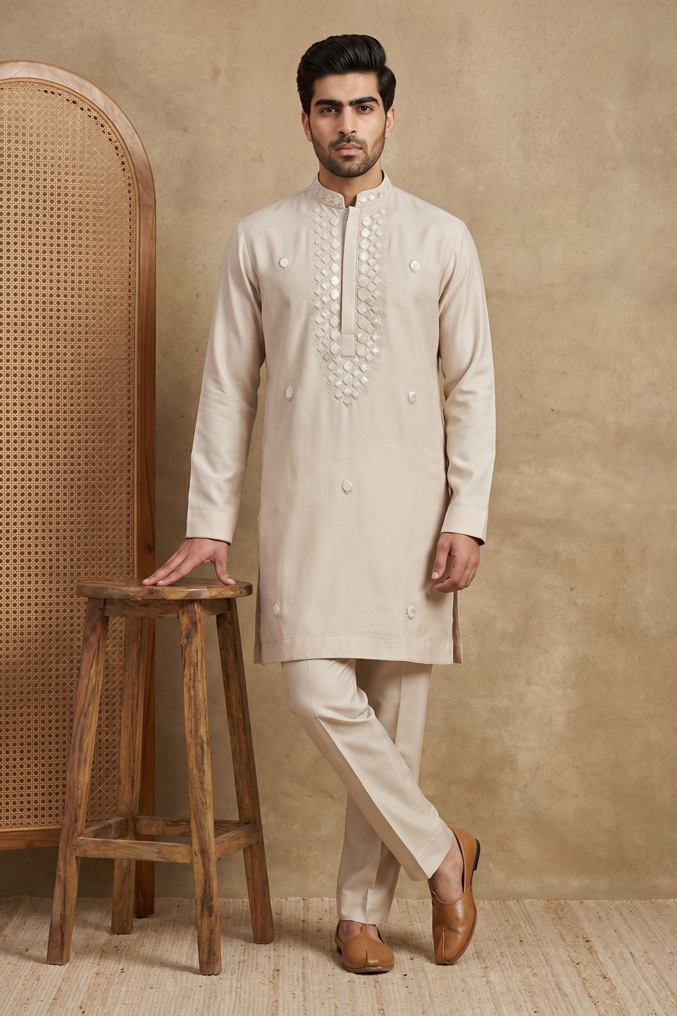 Cream Bom Mario Kurta Set with Pearl Work