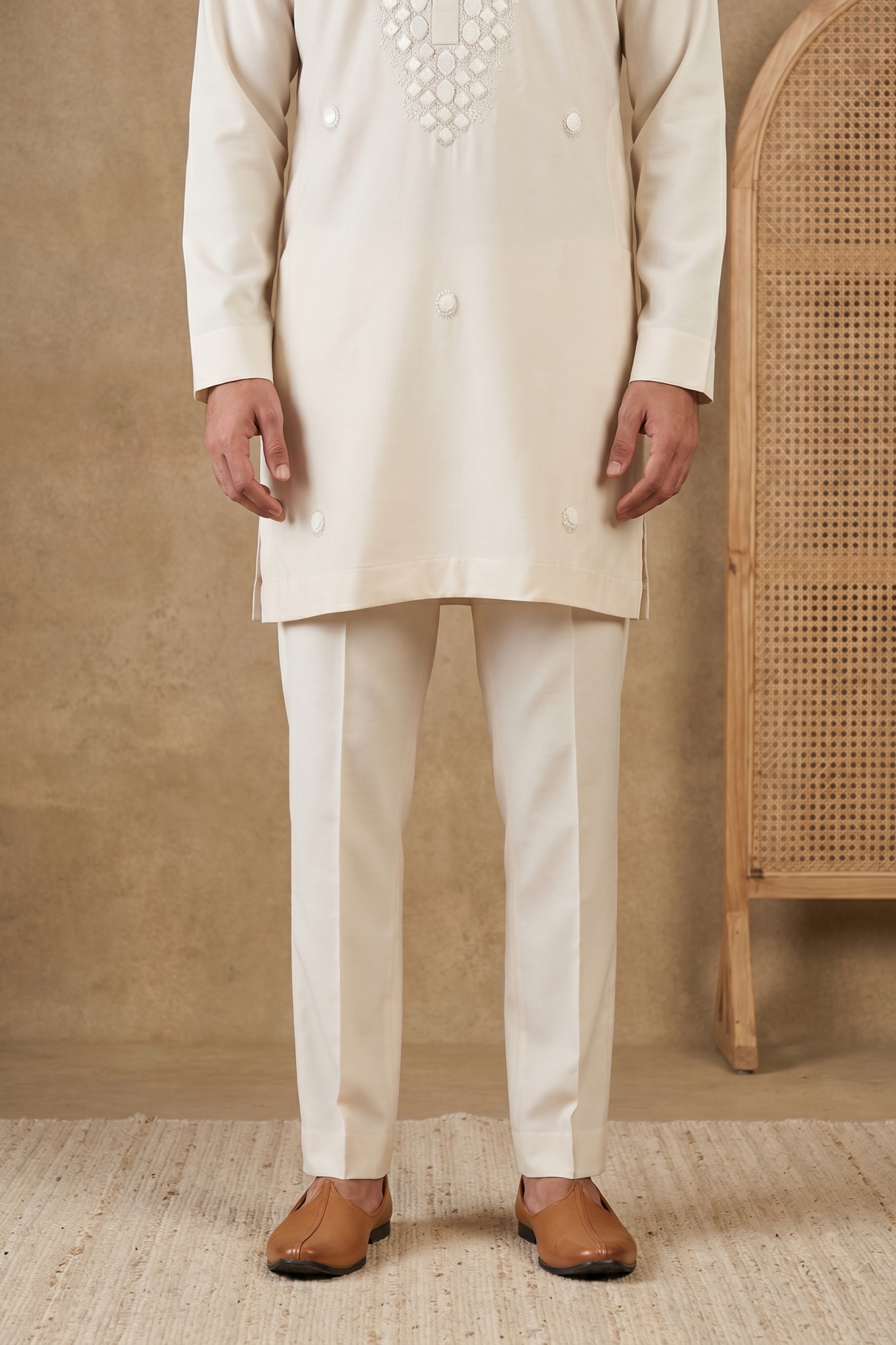 Cream Bom Mario Kurta Set with Pearl Work