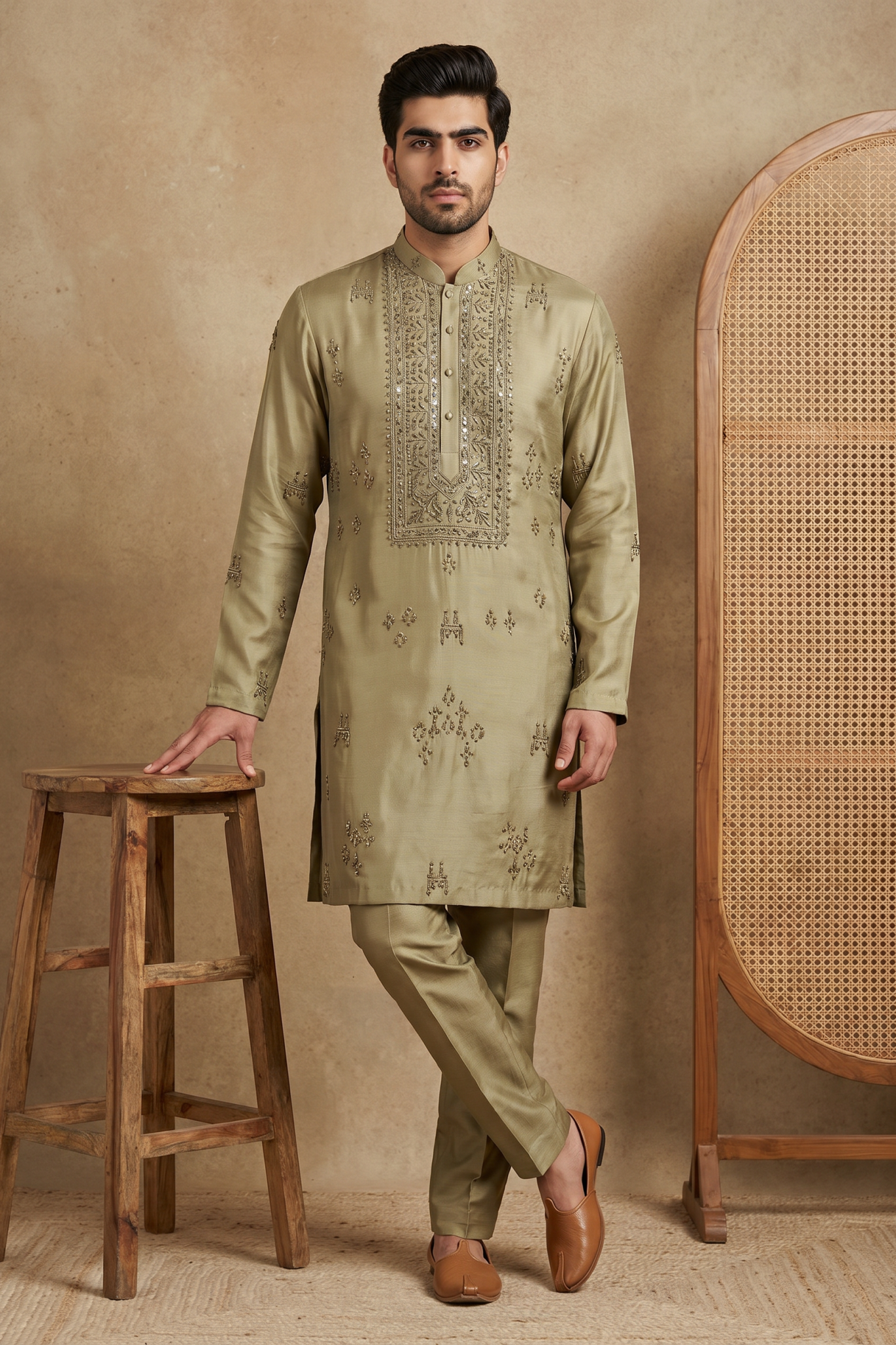 Green Nysa Silk Kurta Set with Bead Metallic Work