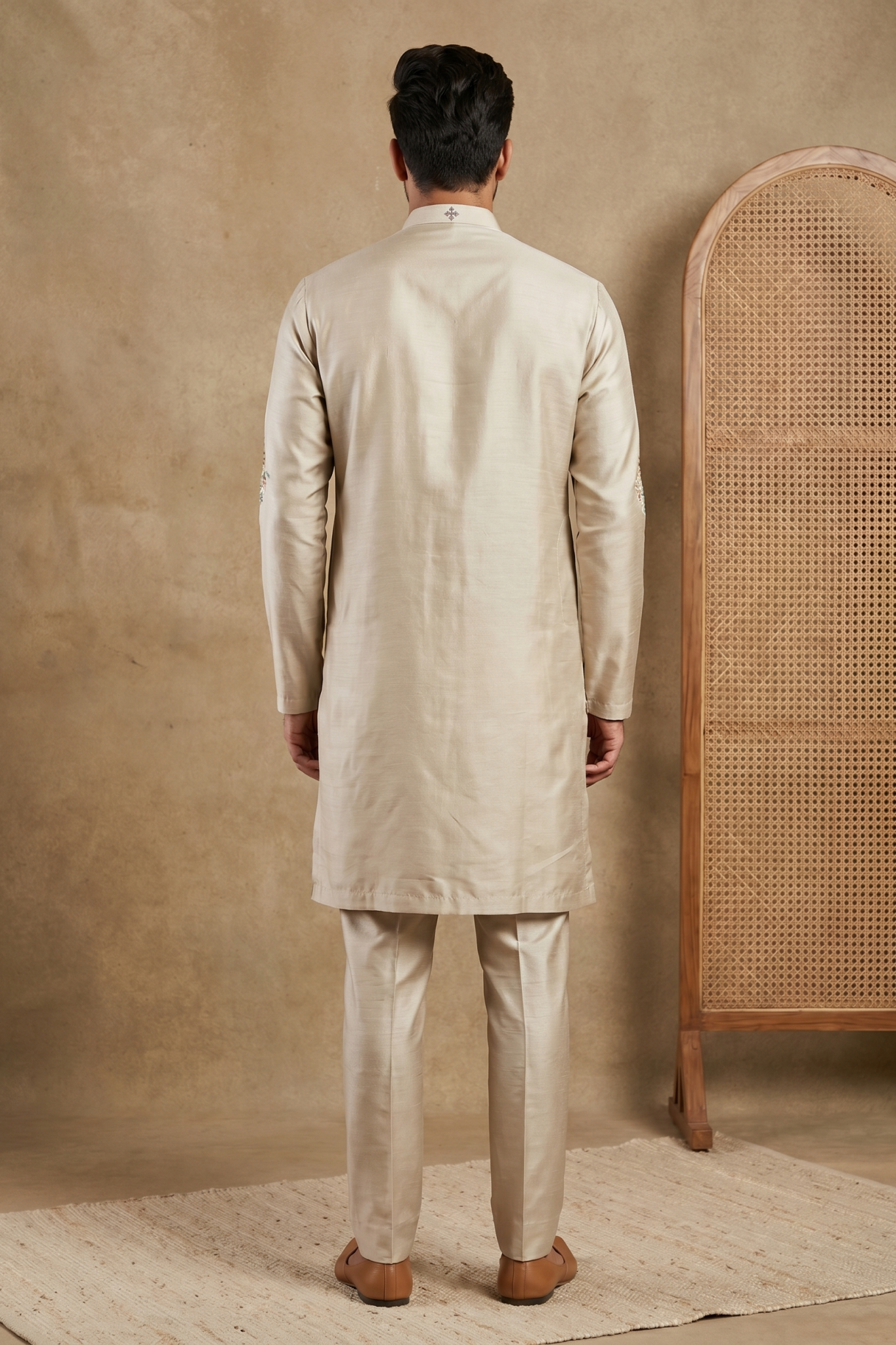 Light Grey Nysa Silk Kurta Set with Cutdana Bead Embroidery