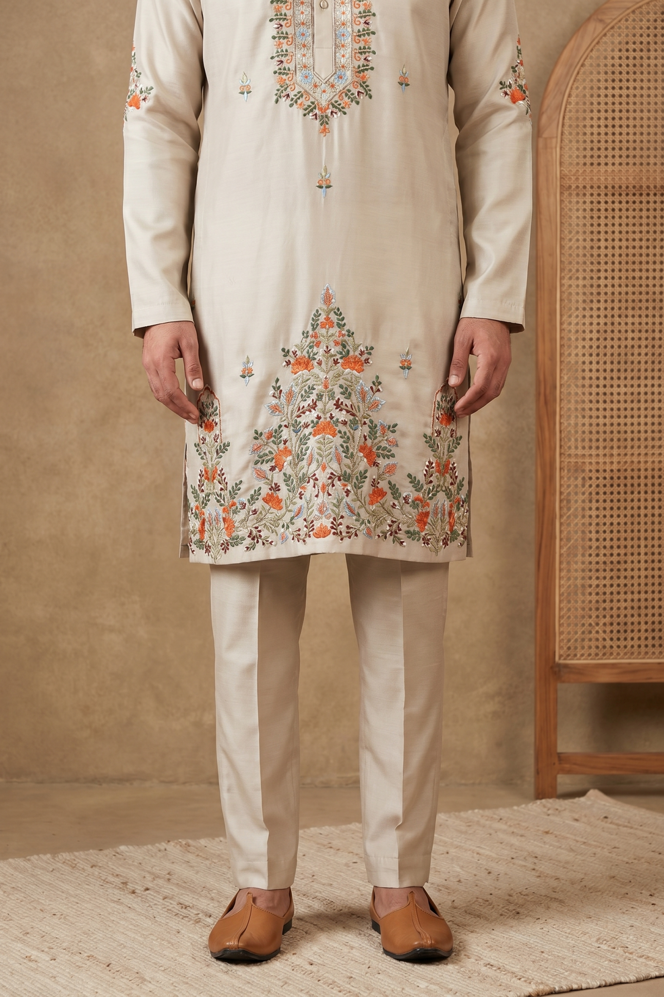 Light Grey Nysa Silk Kurta Set with Cutdana Bead Embroidery