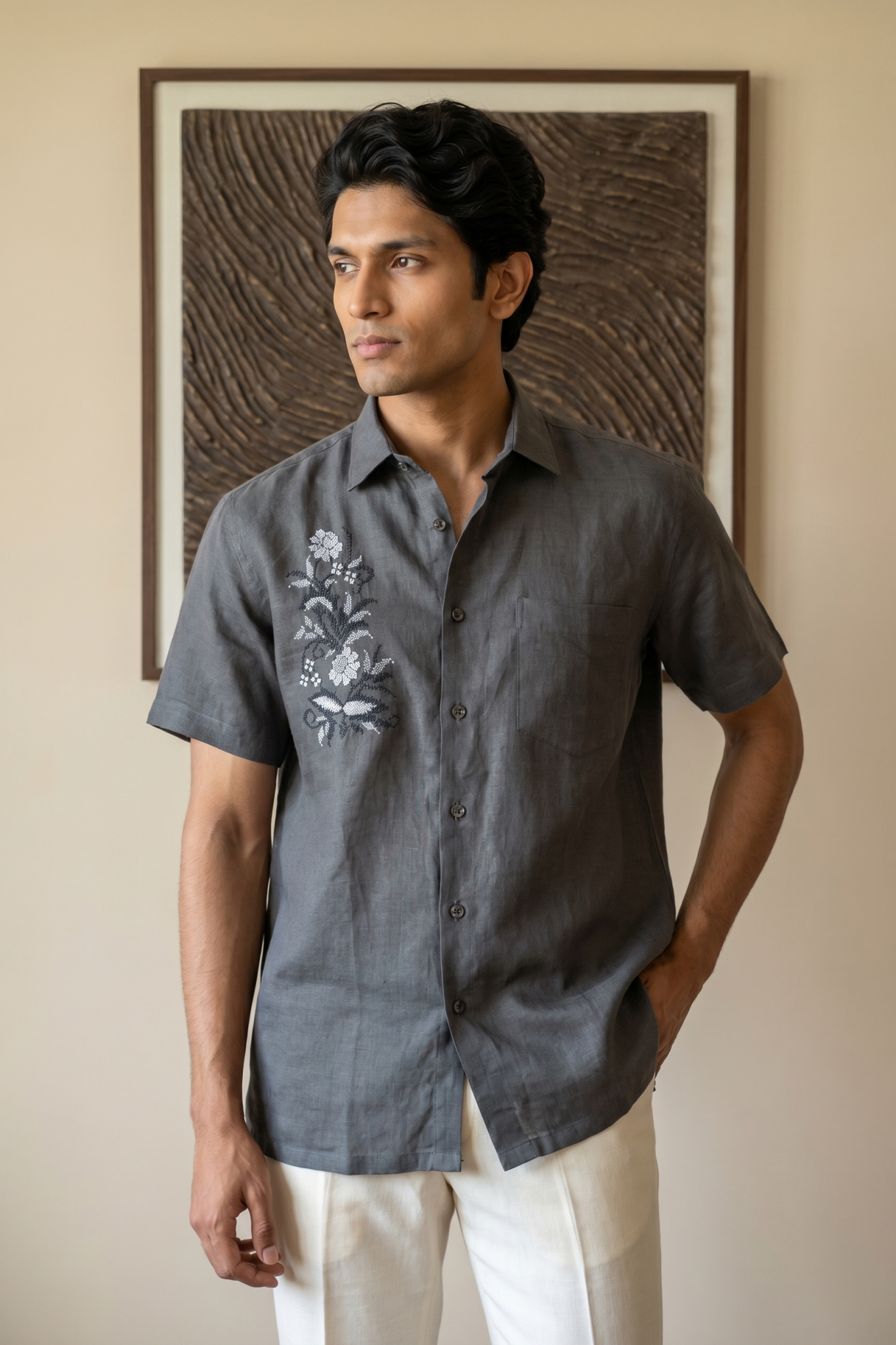 Grey Linen Shirt with Thread Work