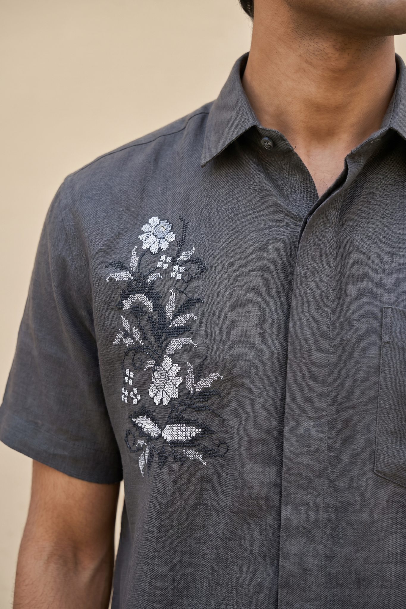 Grey Linen Shirt with Thread Work