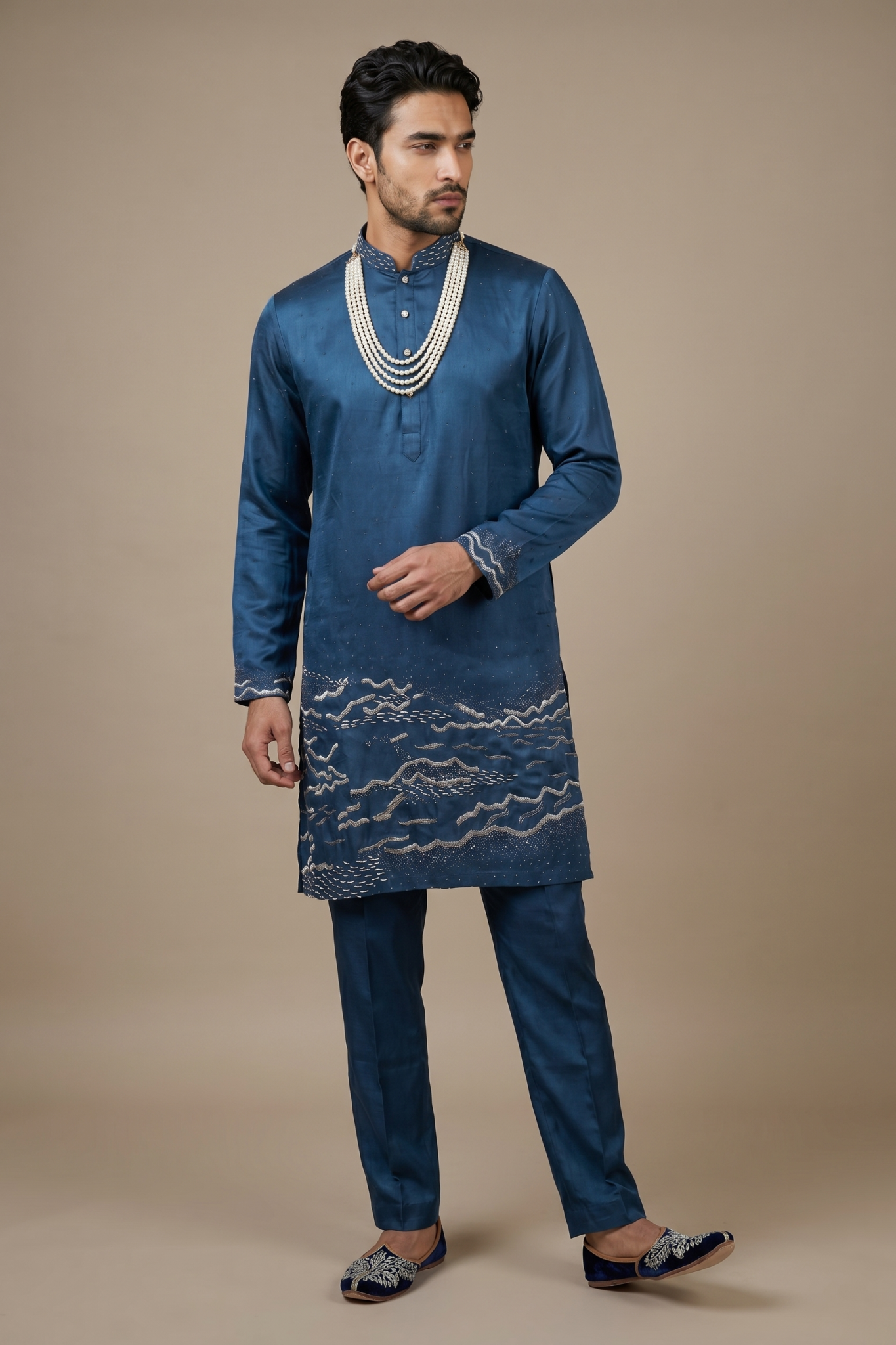 Teal Blue Nysa Silk Kurta Set with Kutdana and Sequin Work