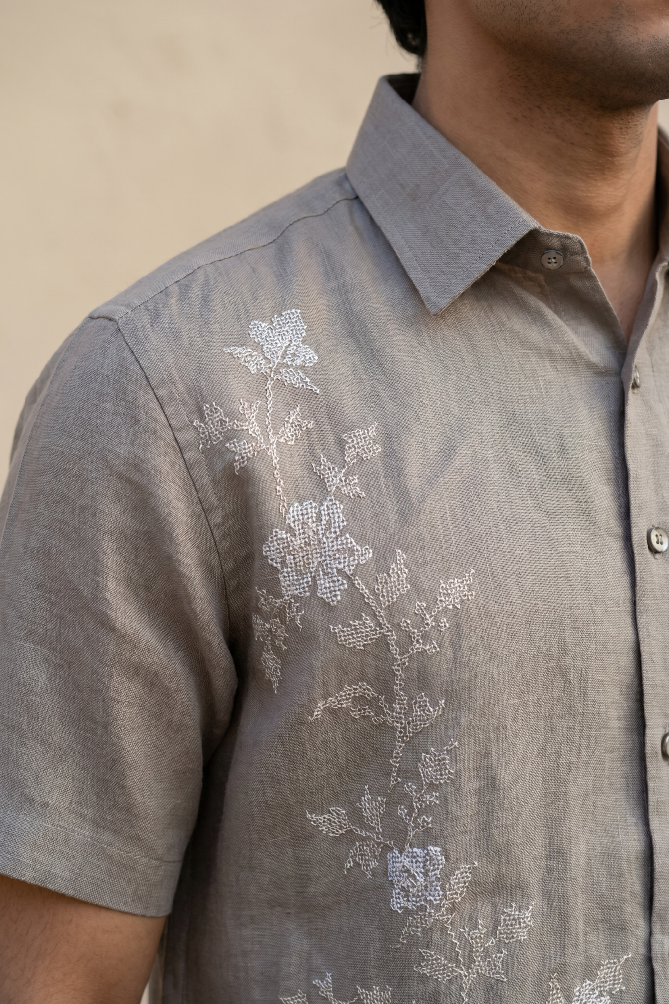 Light Brown Linen Shirt with Thread Work