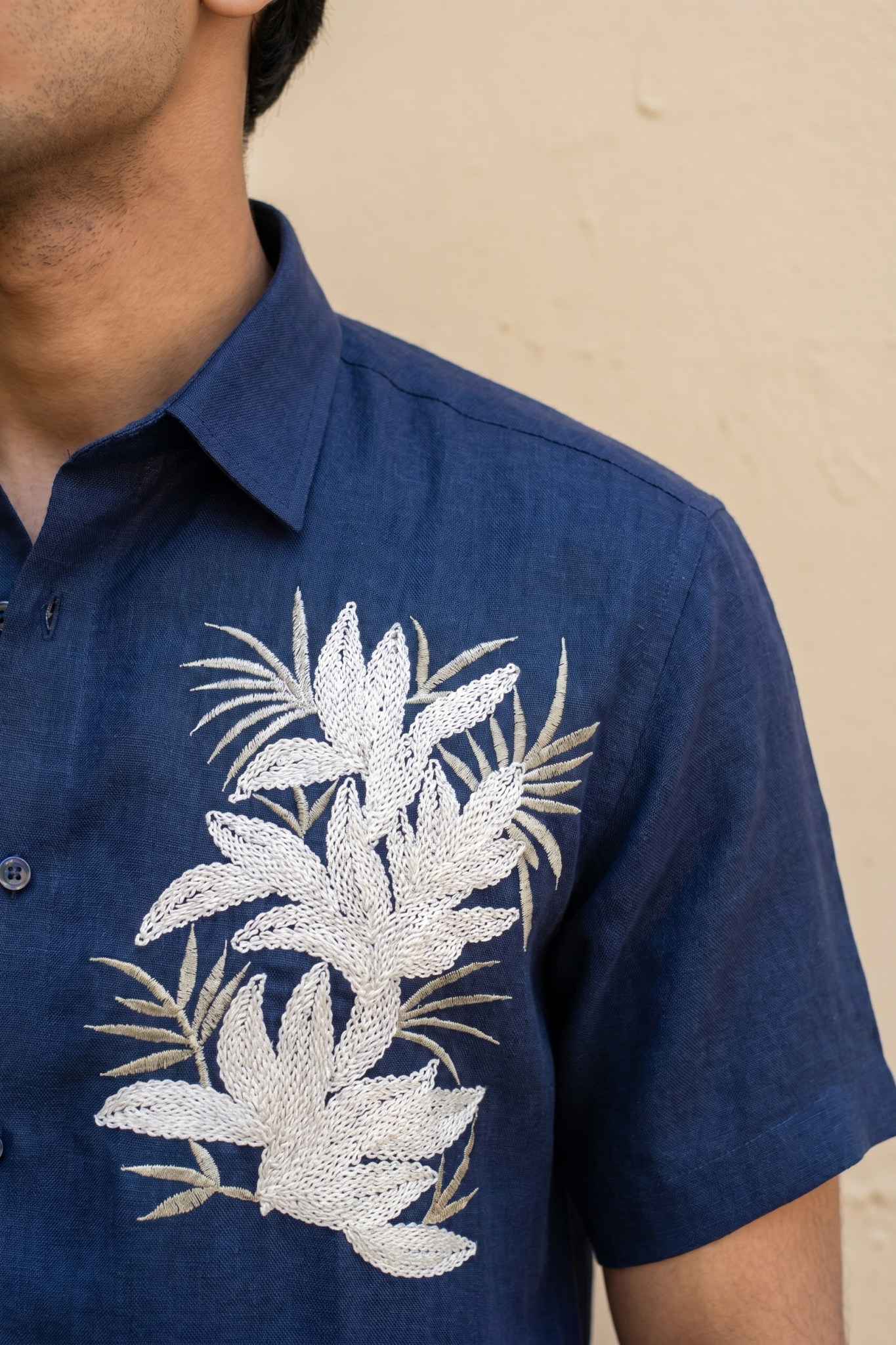 Blue Linen Shirt with Thread Work