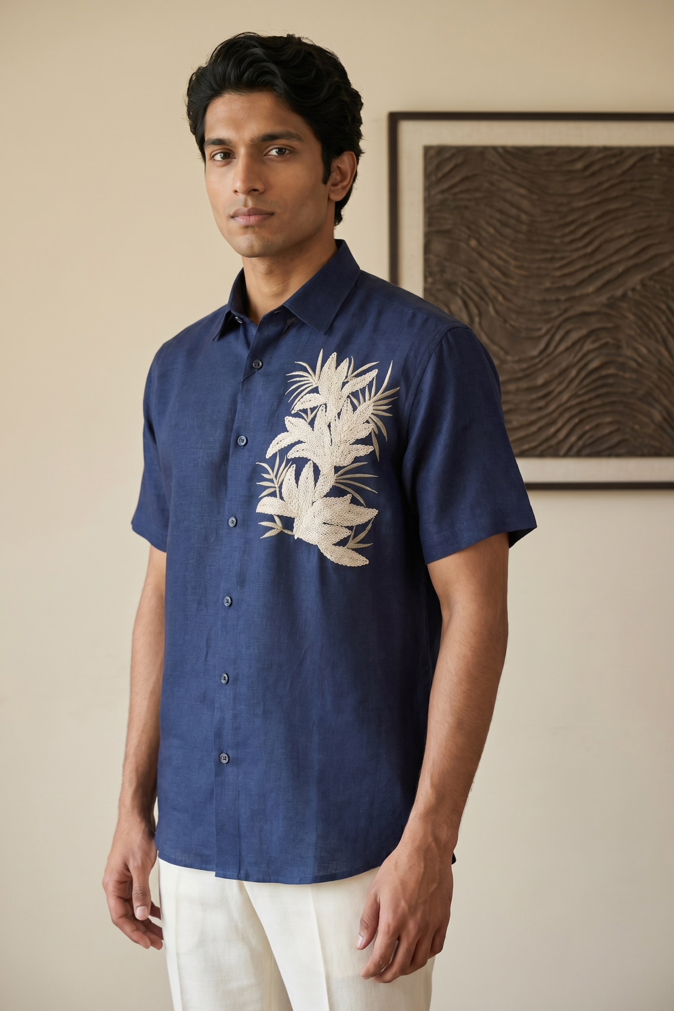 Blue Linen Shirt with Thread Work