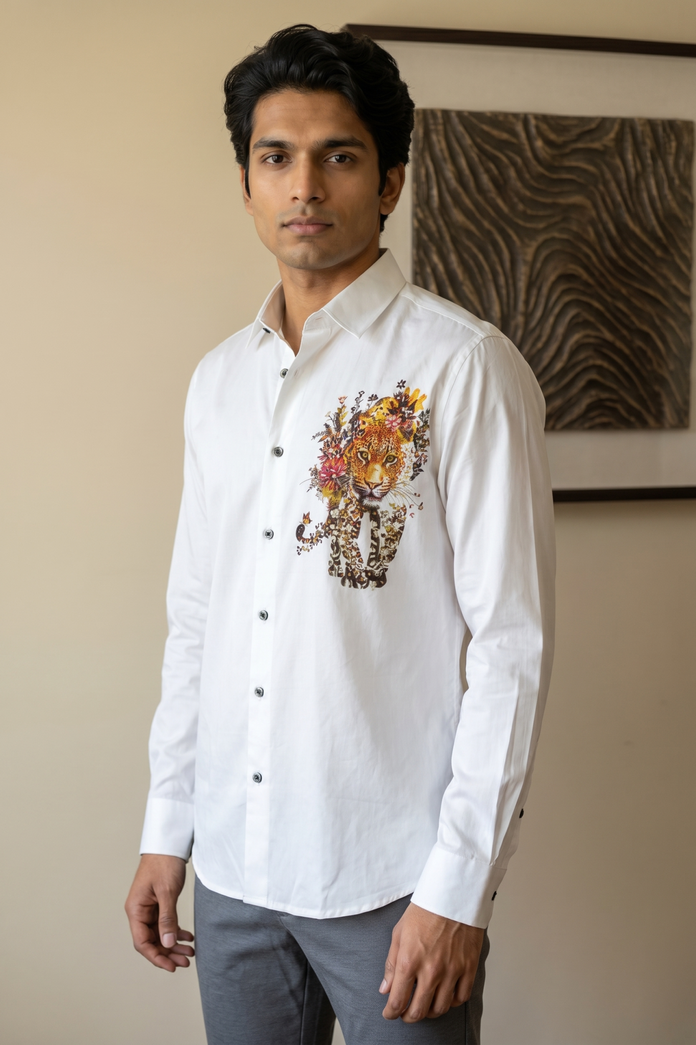 White Cotton Shirt with Lion Print and Pearl Work