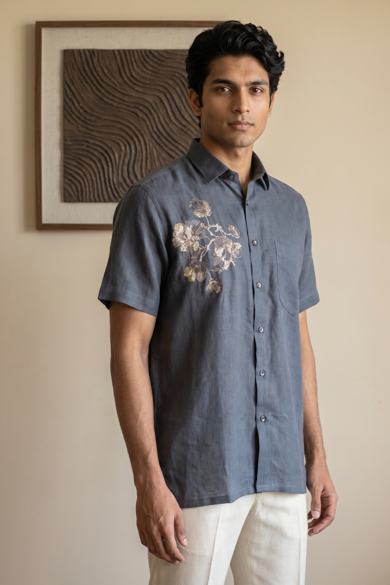 Dark Grey Linen Shirt with Thread Work