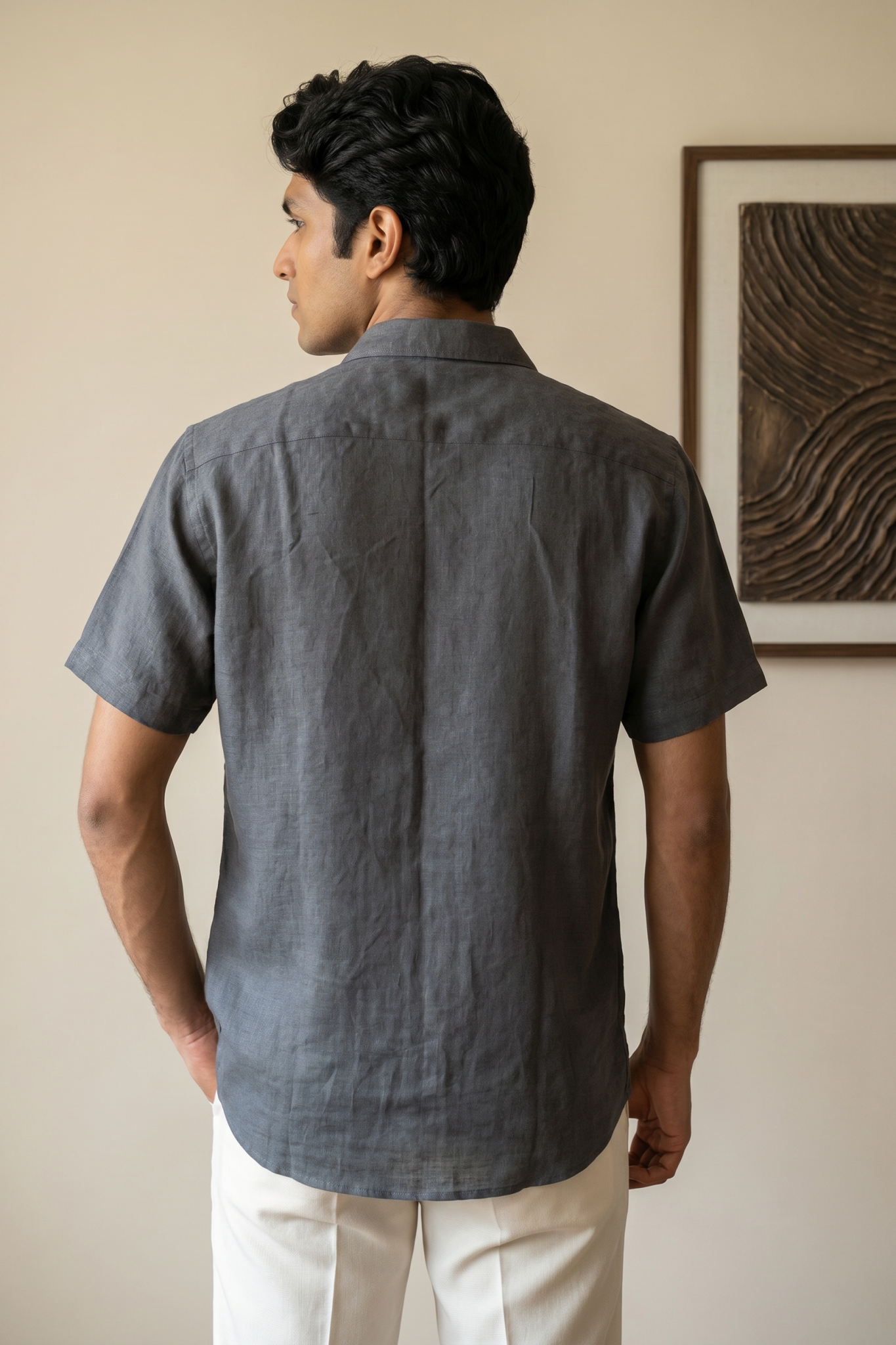 Grey Linen Shirt with Embroidered Thread Work