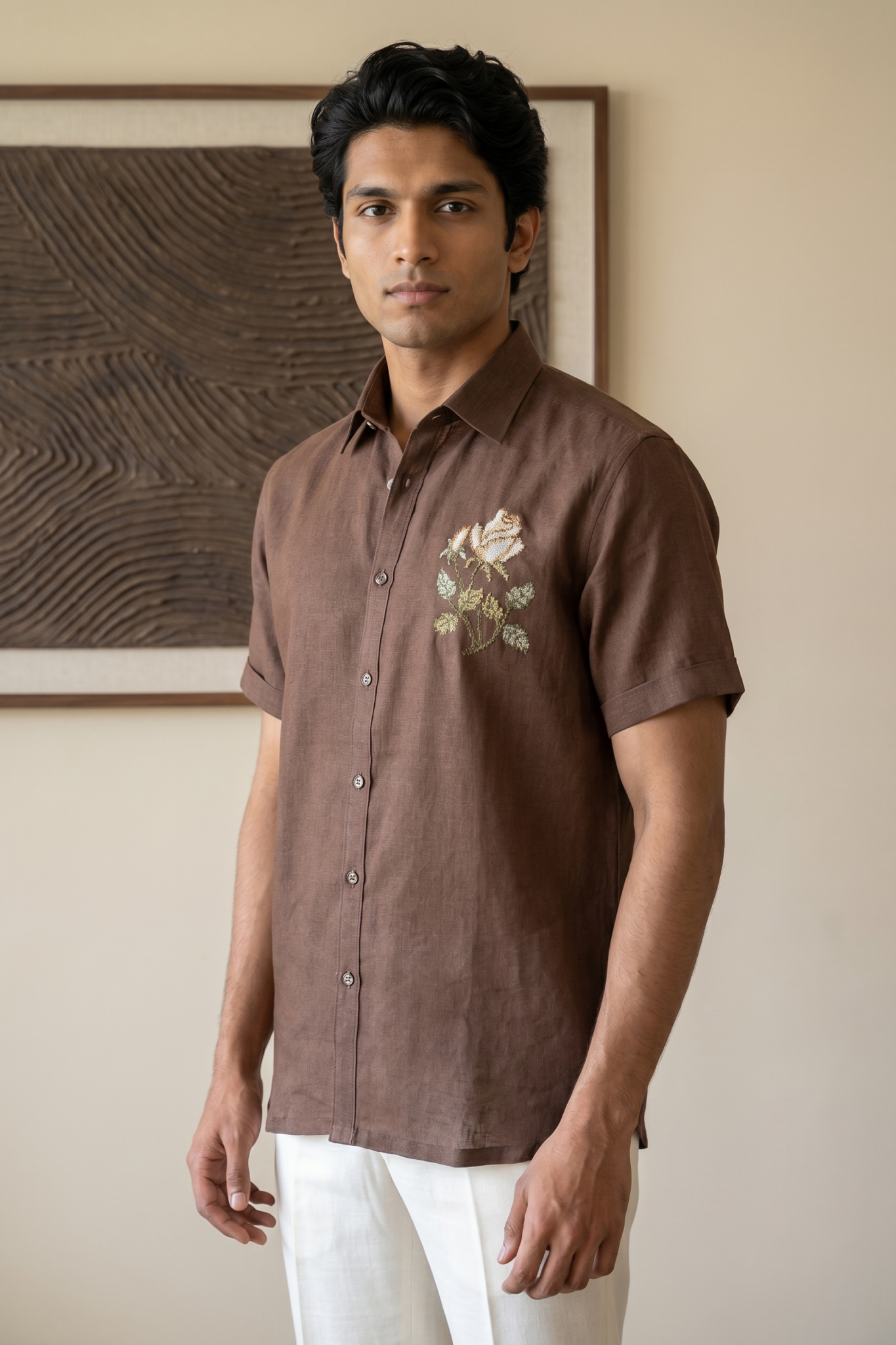Brown Linen Shirt with Thread Work
