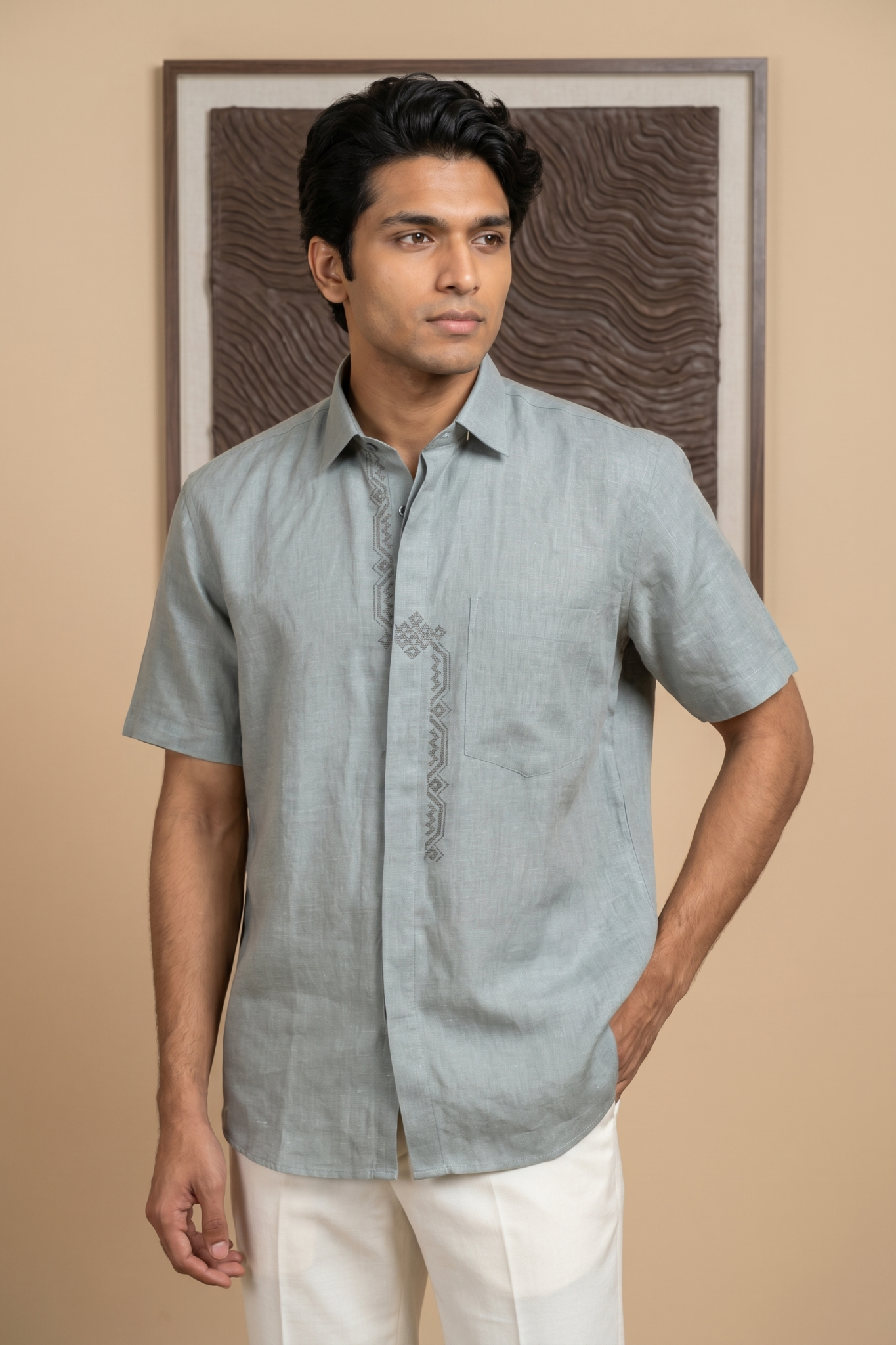 Ice Blue Linen Shirt with Thread Work