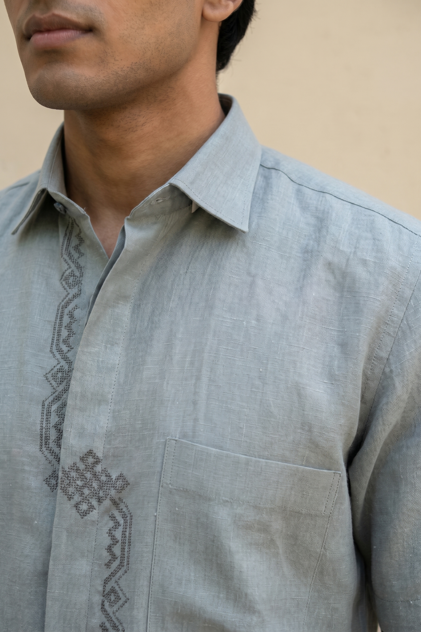 Ice Blue Linen Shirt with Thread Work