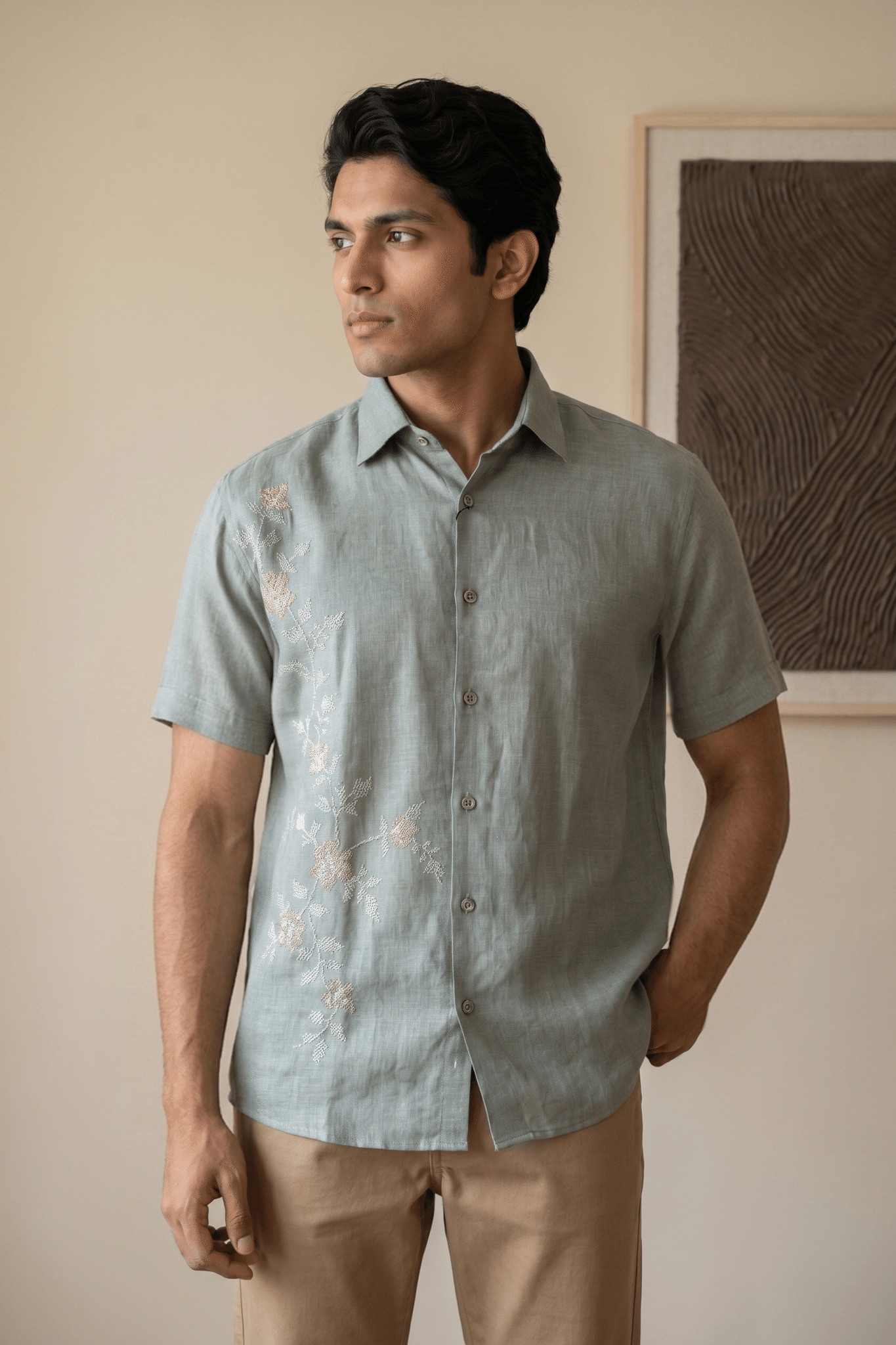 Light Grey Linen Shirt with Thread Work