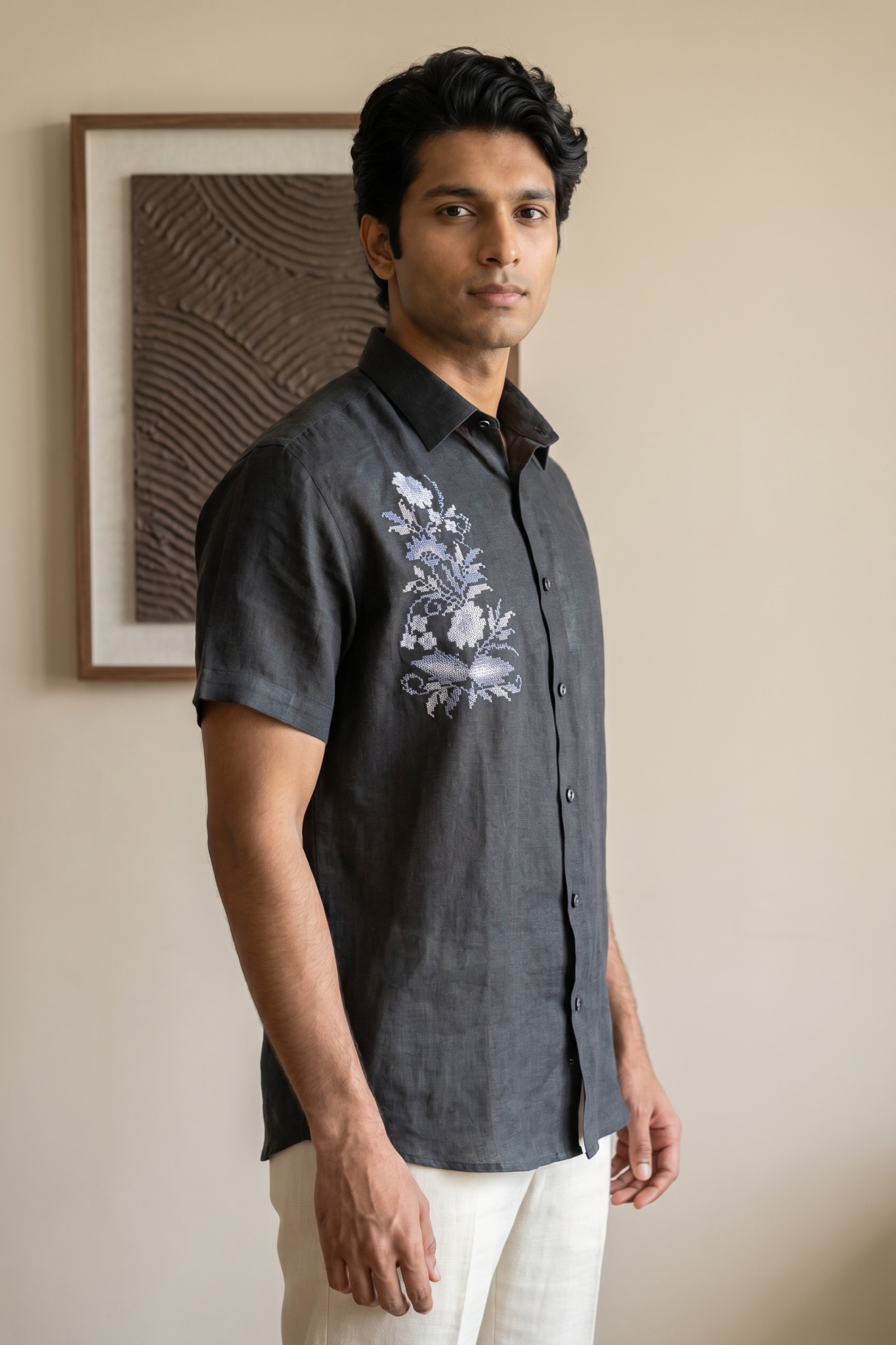Black Linen Shirt with Thread Work