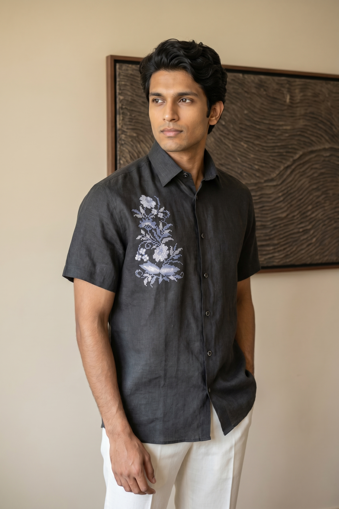 Black Linen Shirt with Thread Work