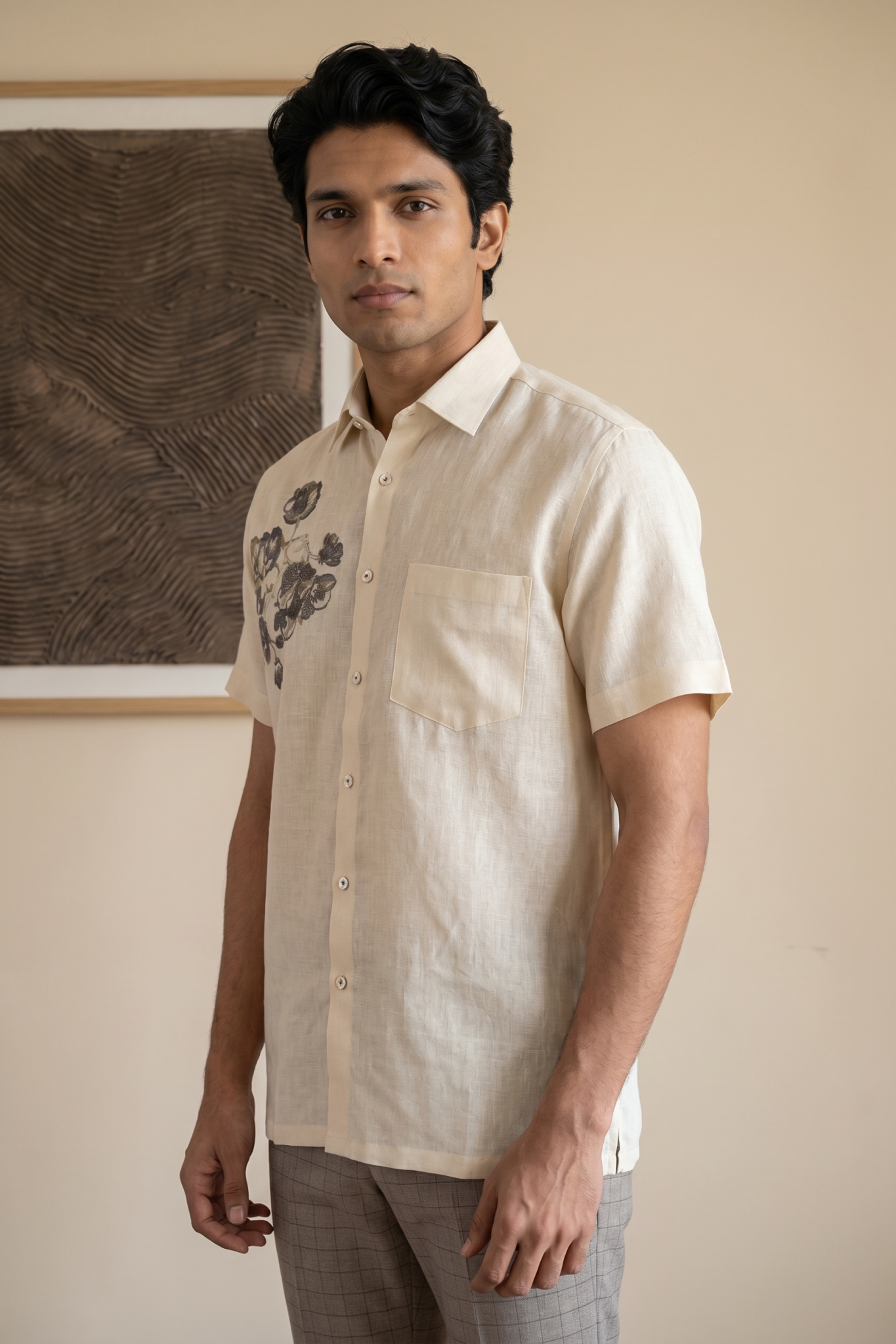Light Yellow Linen Shirt with Thread Work